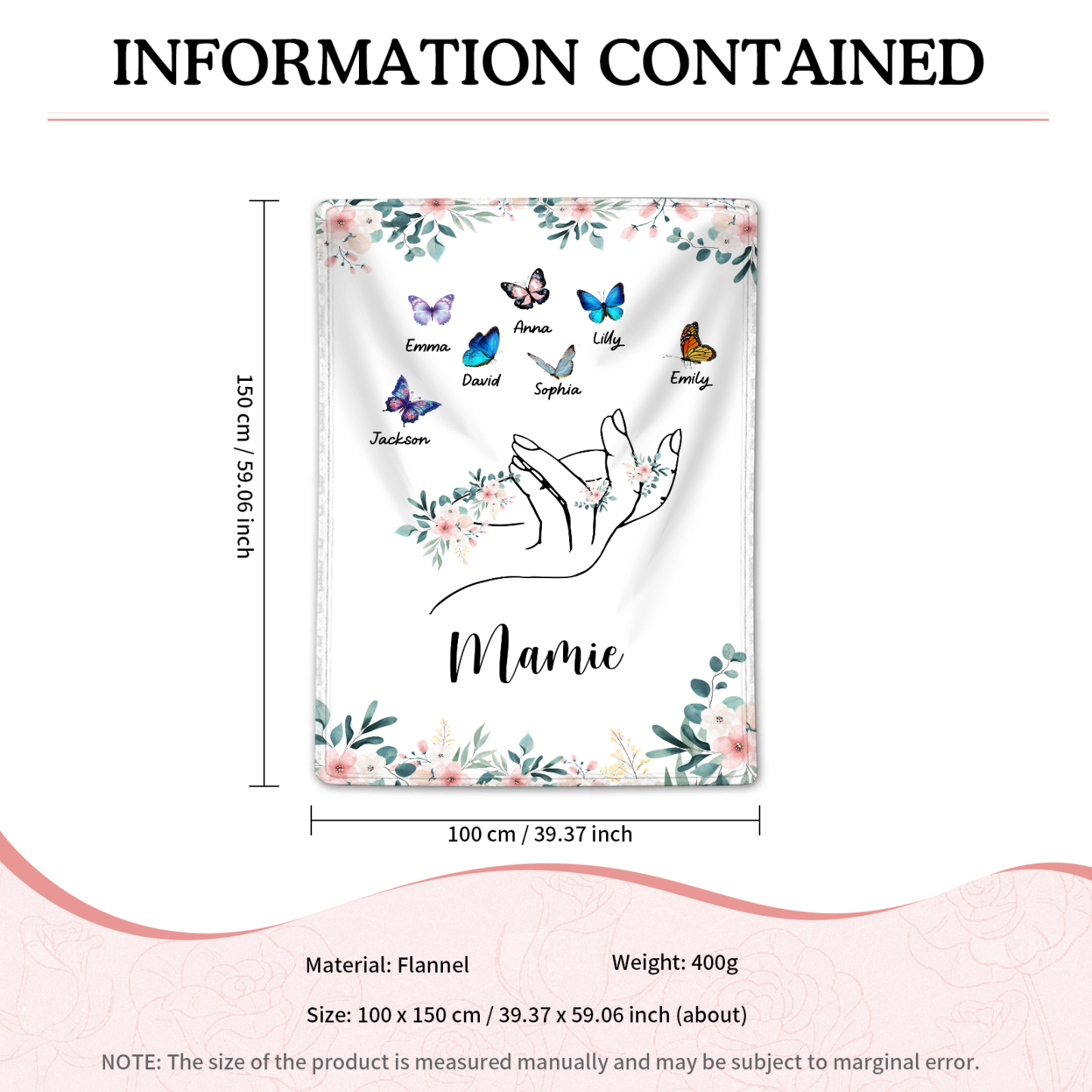 À Mamie Couverture de Noël plaids polaire mains et papillon 7 Prénoms personnalisés avec texte Cadeau pour famille | Jessemade