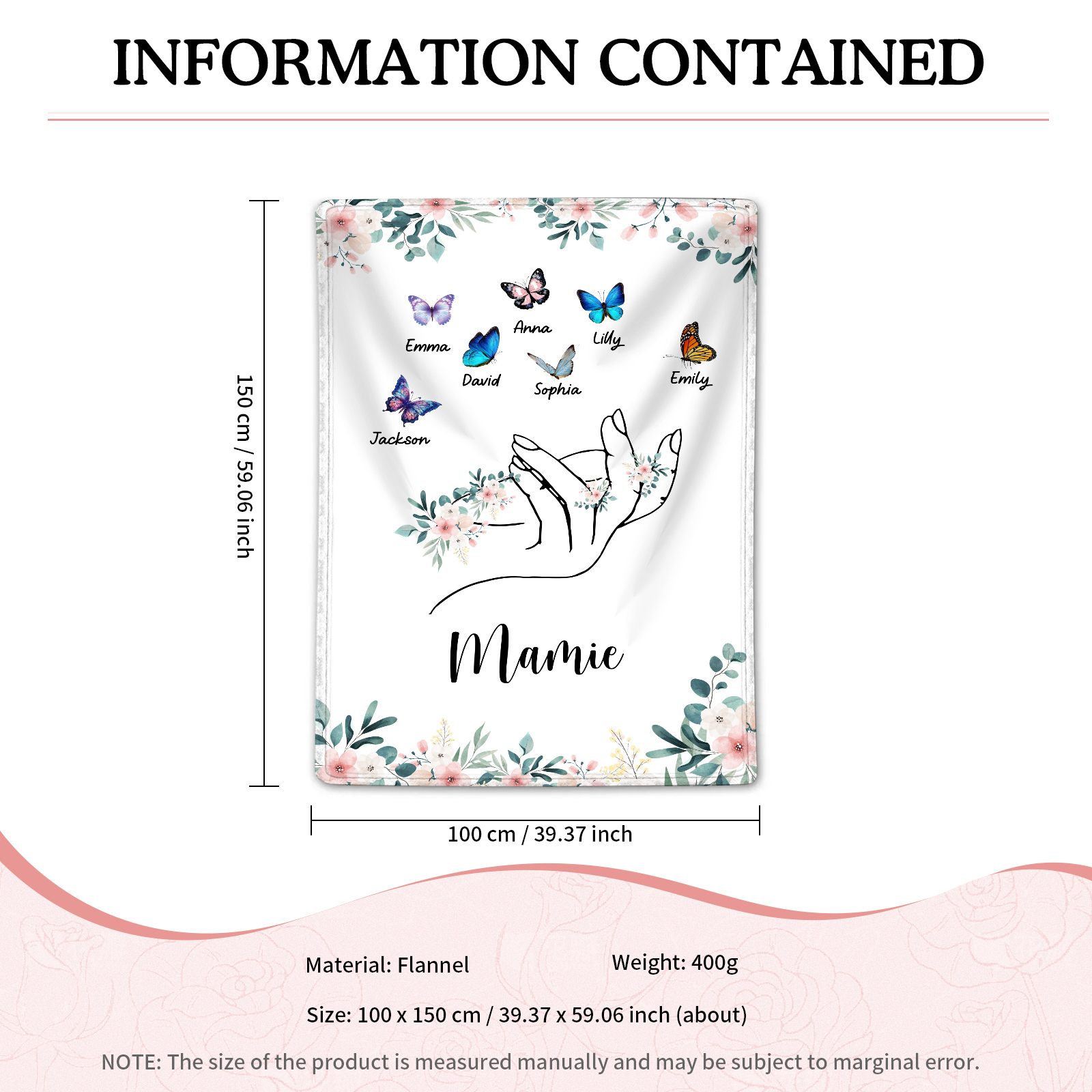 À Mamie Couverture de Noël plaids polaire mains et papillon 7 Prénoms personnalisés avec texte Cadeau pour famille | Jessemade