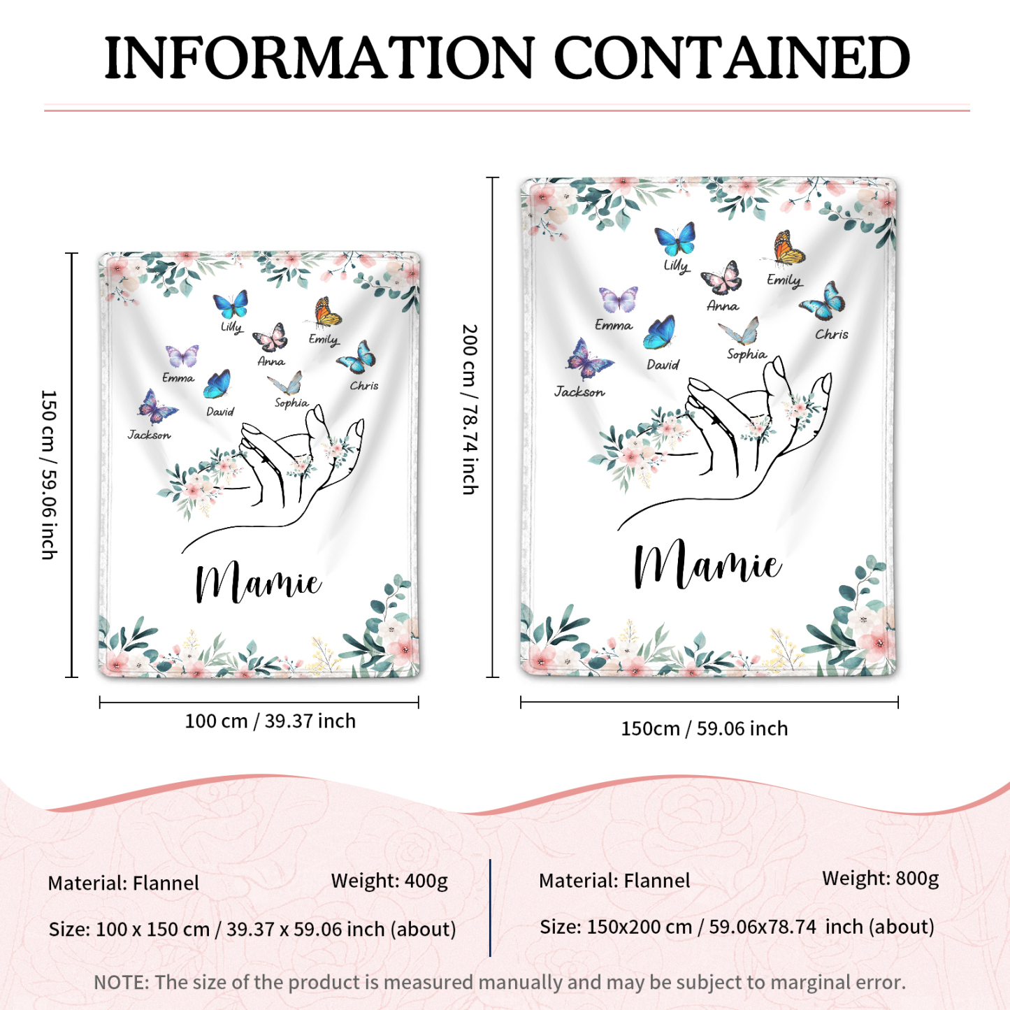 À Mamie Couverture de Noël plaids polaire mains et papillon 8 Prénoms personnalisés avec texte Cadeau pour famille | Jessemade