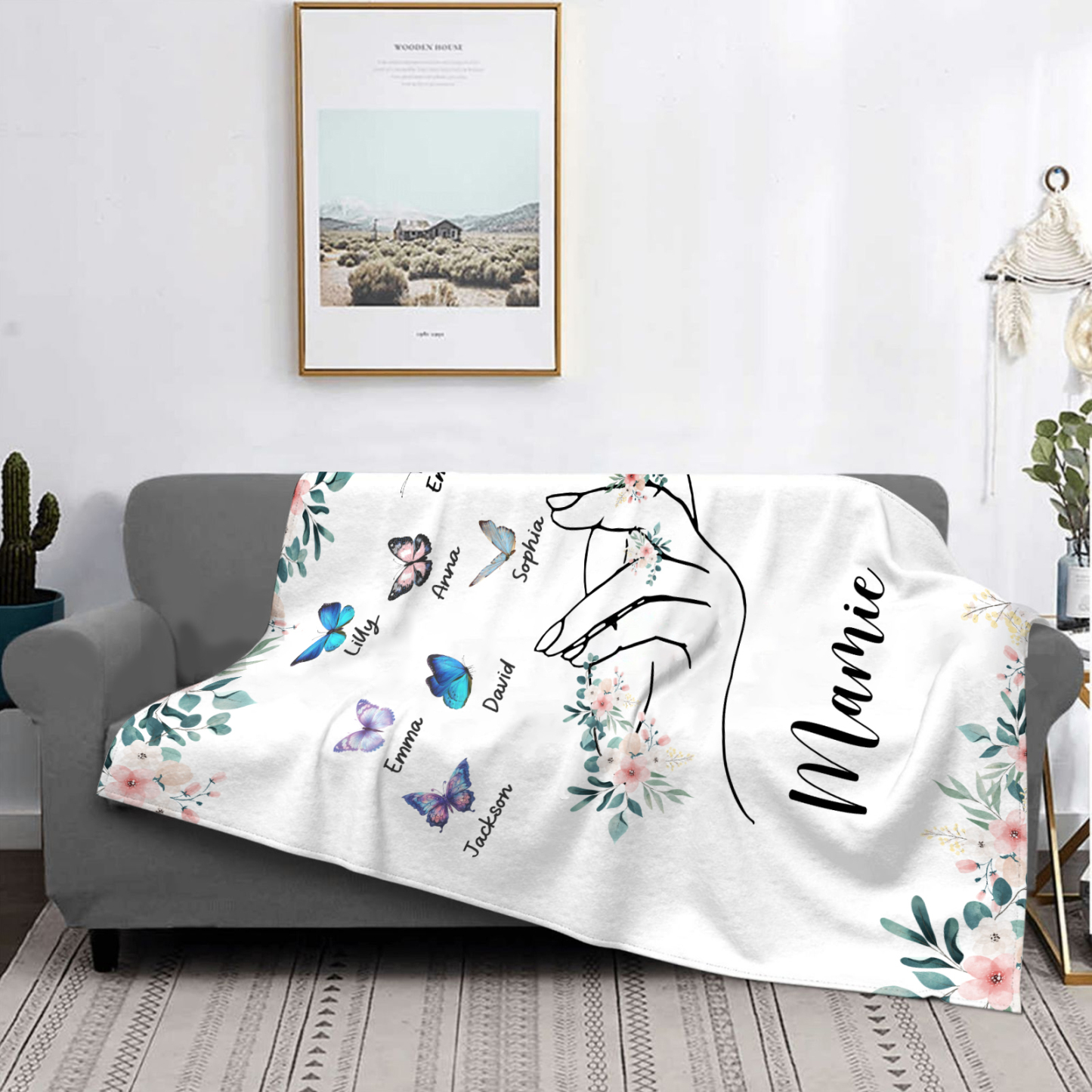 À Mamie Couverture de Noël plaids polaire mains et papillon 8 Prénoms personnalisés avec texte Cadeau pour famille | Jessemade