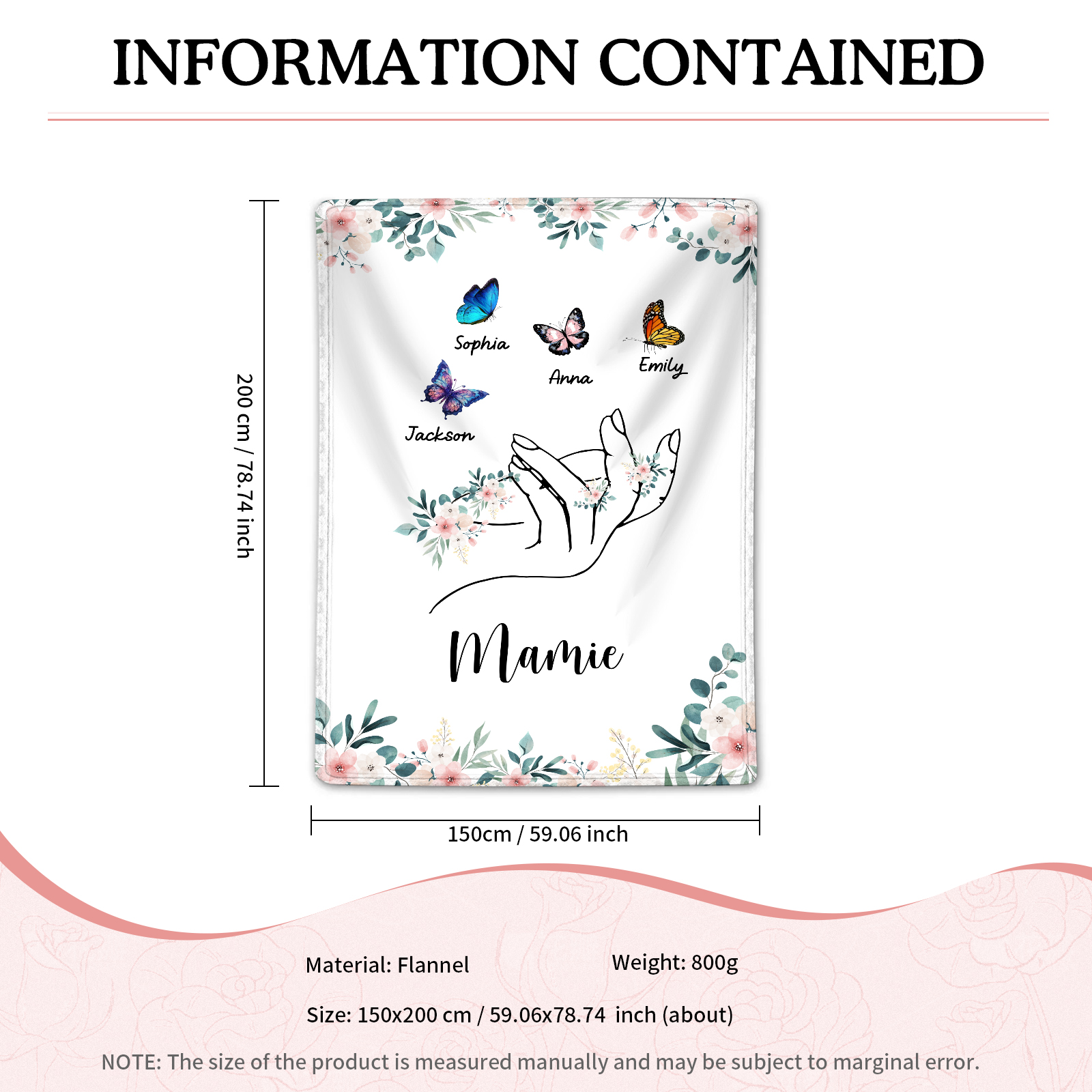 À Mamie Couverture de Noël plaids polaire mains et papillon 4 Prénoms personnalisés avec texte Cadeau pour famille | Jessemade