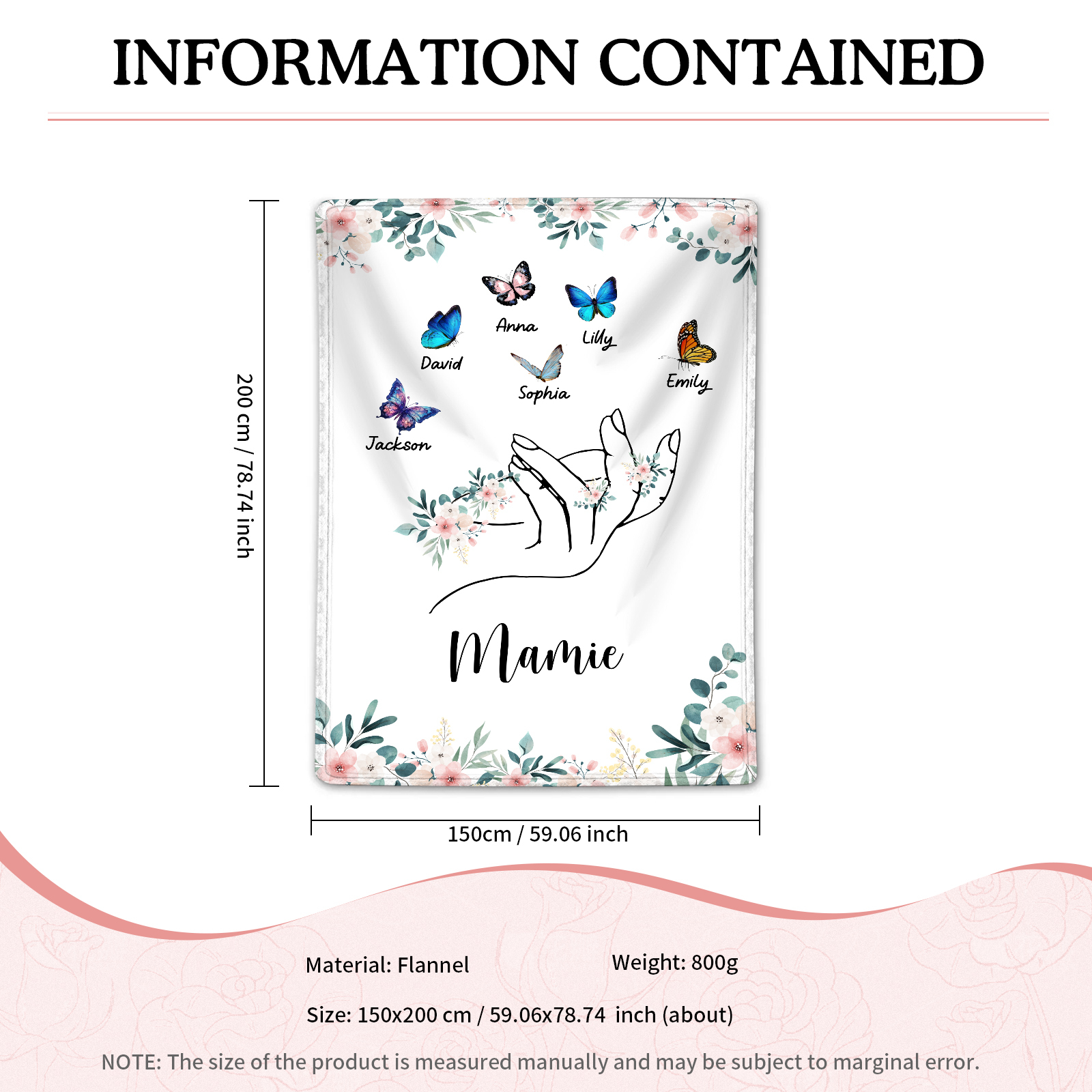 À Mamie Couverture de Noël plaids polaire mains et papillon 6 Prénoms personnalisés avec texte Cadeau pour famille | Jessemade