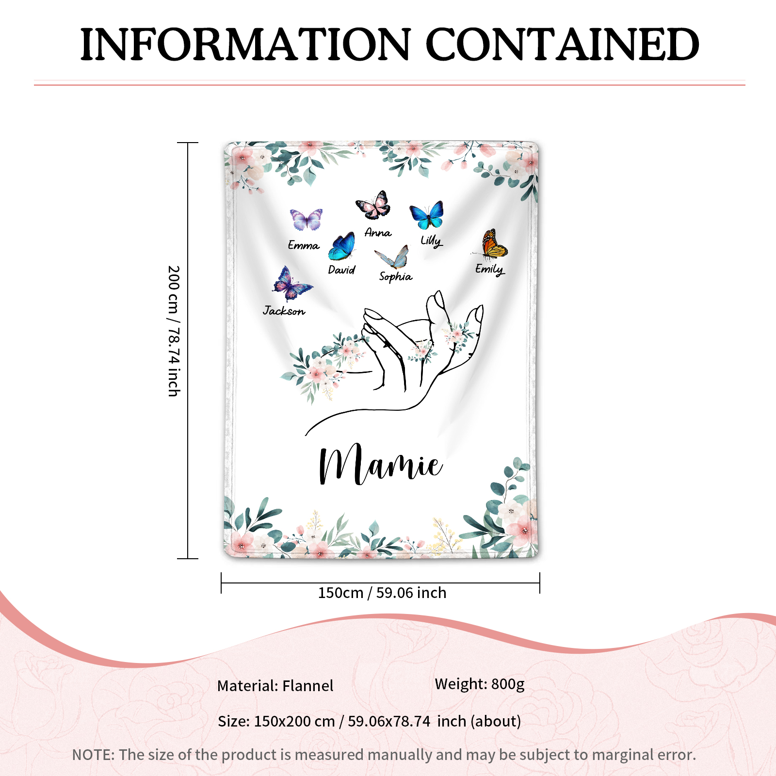 À Mamie Couverture de Noël plaids polaire mains et papillon 7 Prénoms personnalisés avec texte Cadeau pour famille | Jessemade