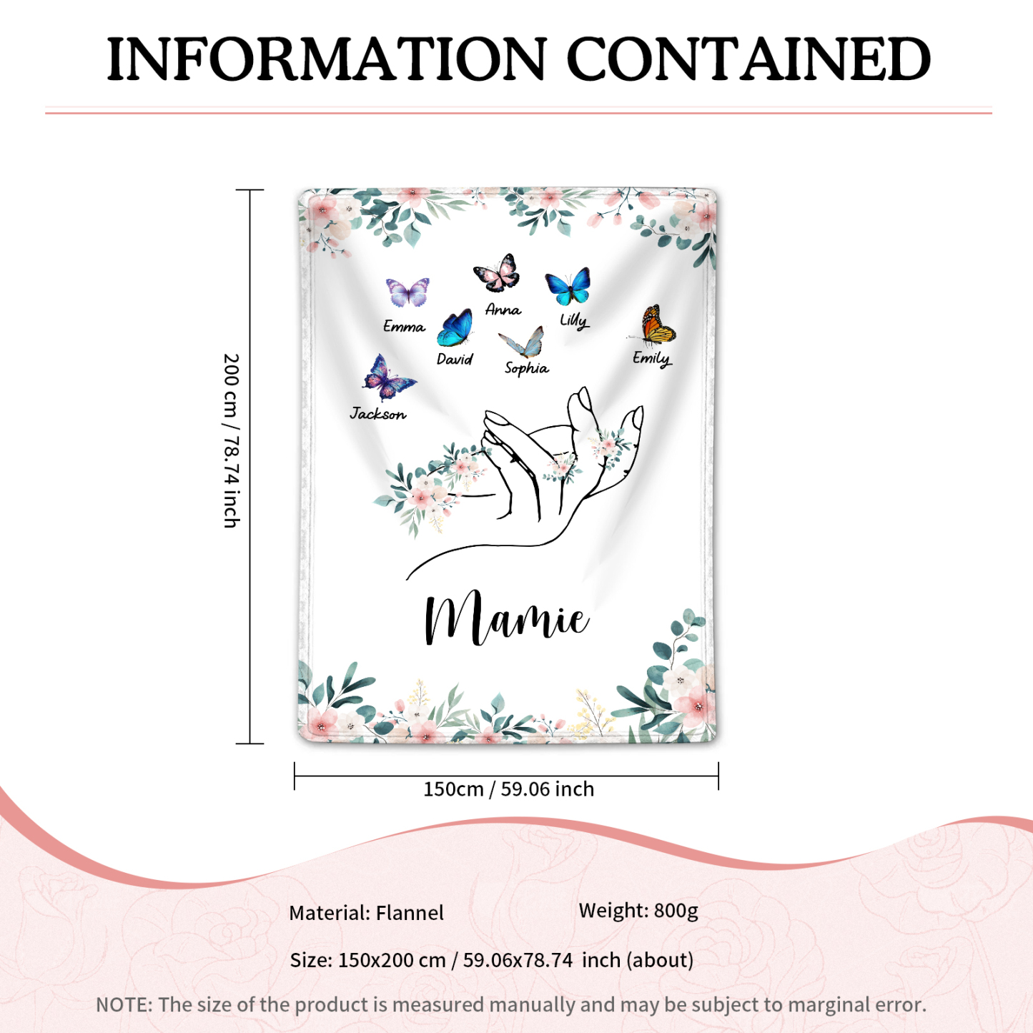 À Mamie Couverture de Noël plaids polaire mains et papillon 7 Prénoms personnalisés avec texte Cadeau pour famille | Jessemade