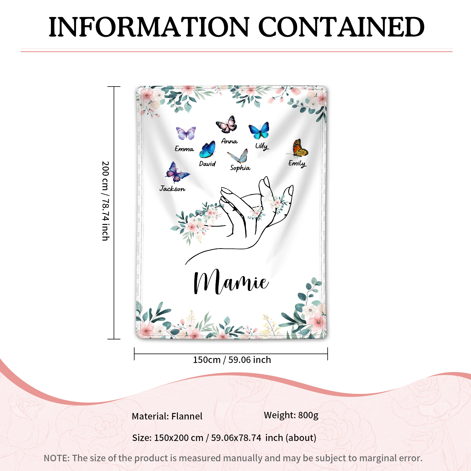 À Mamie Couverture de Noël plaids polaire mains et papillon 7 Prénoms personnalisés avec texte Cadeau pour famille | Jessemade