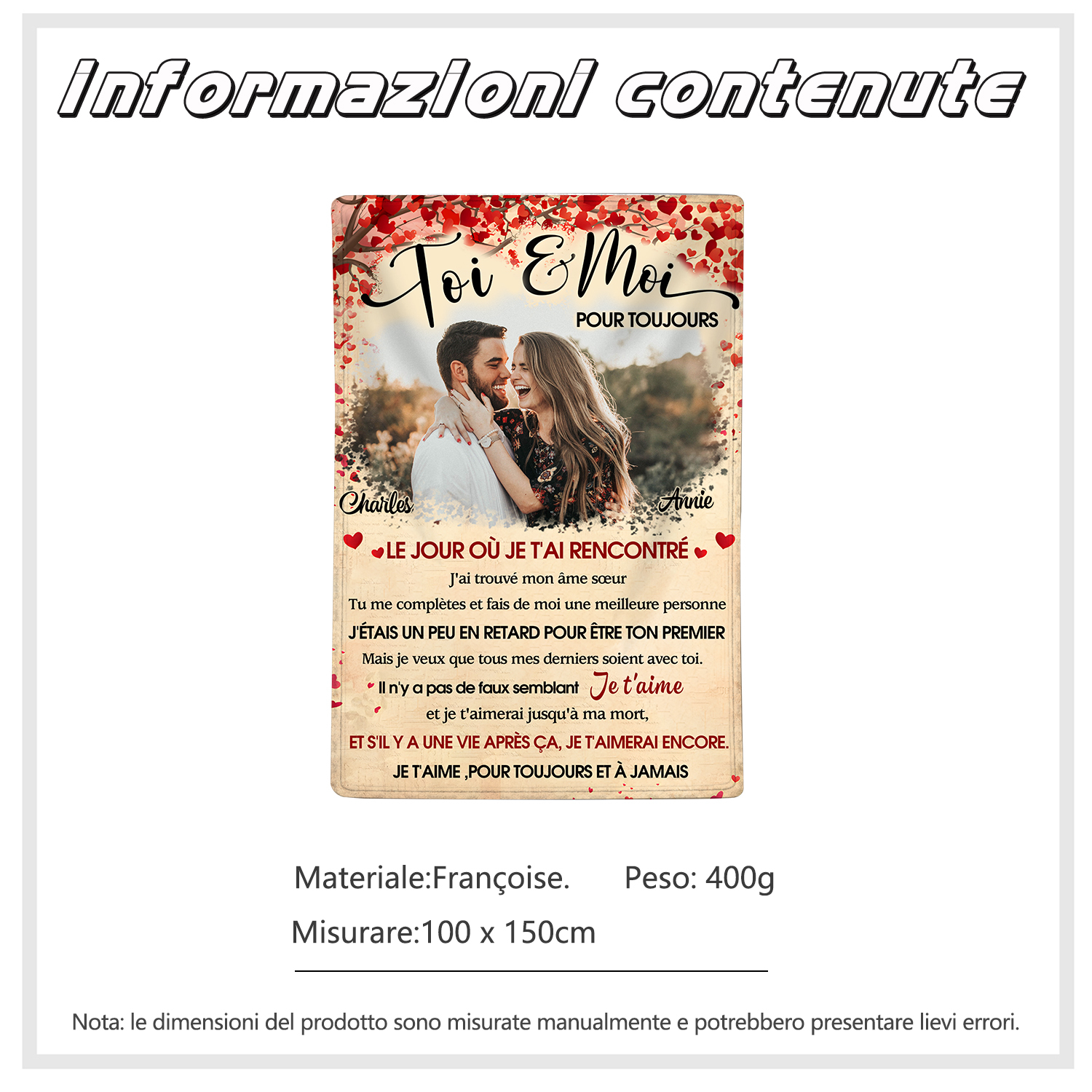 Plaid Personnalisé avec 1 Photo et 2 Prénoms Couverture Personnalisable pour Couple | Jessemade