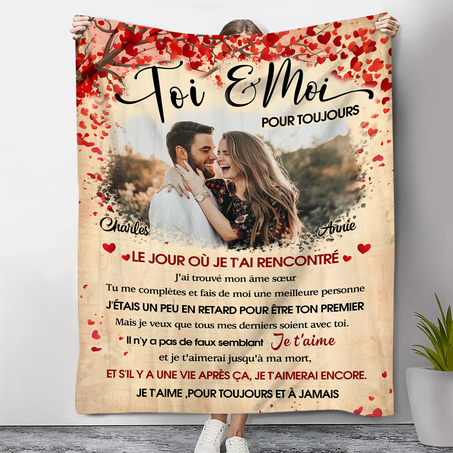 Plaid Personnalisé avec 1 Photo et 2 Prénoms Couverture Personnalisable pour Couple | Jessemade