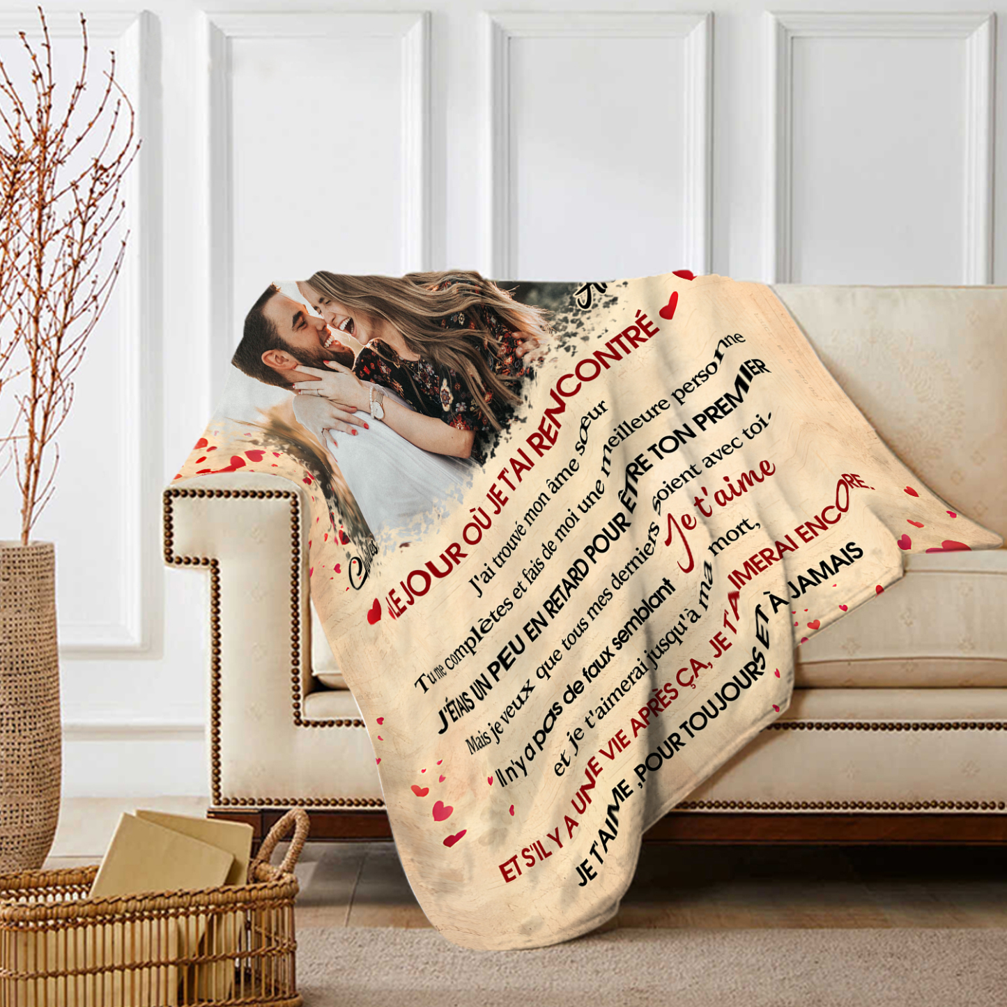 Plaid Personnalisé avec 1 Photo et 2 Prénoms Couverture Personnalisable pour Couple | Jessemade