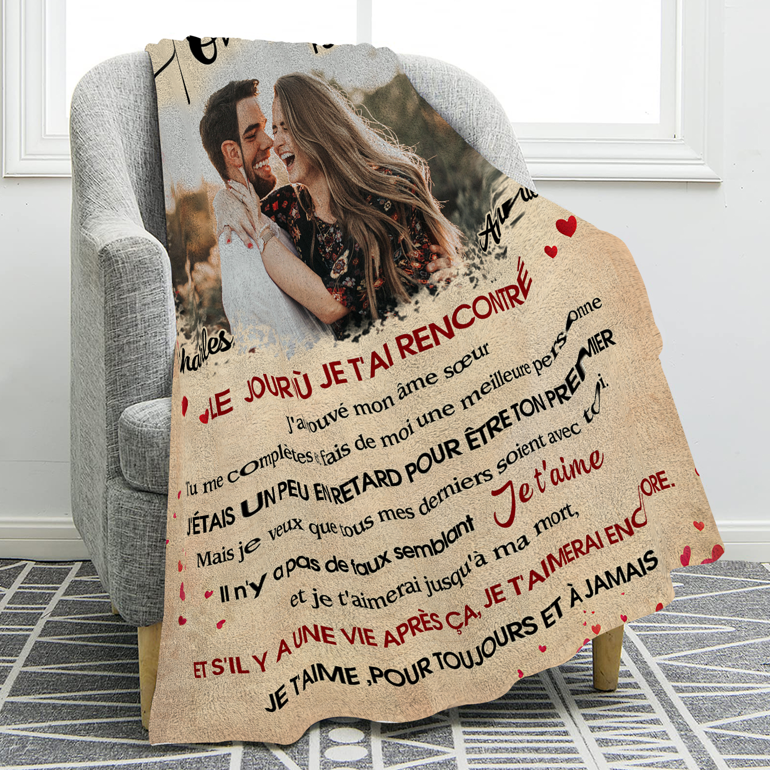 Plaid Personnalisé avec 1 Photo et 2 Prénoms Couverture Personnalisable pour Couple | Jessemade