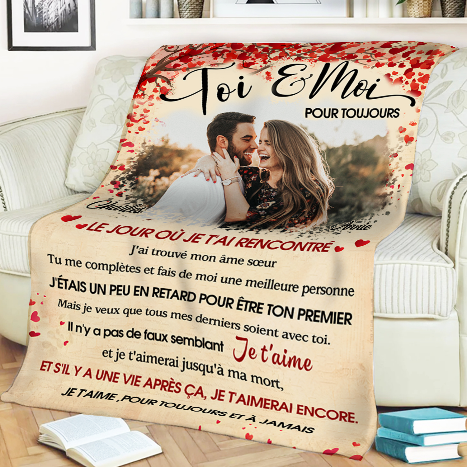 Plaid Personnalisé avec 1 Photo et 2 Prénoms Couverture Personnalisable pour Couple | Jessemade