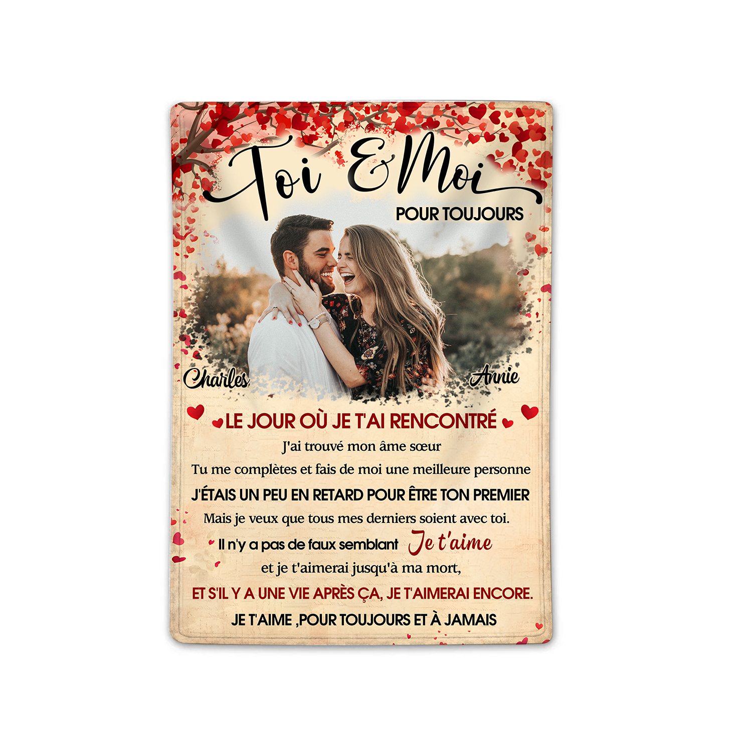 Plaid Personnalisé avec 1 Photo et 2 Prénoms Couverture Personnalisable pour Couple | Jessemade