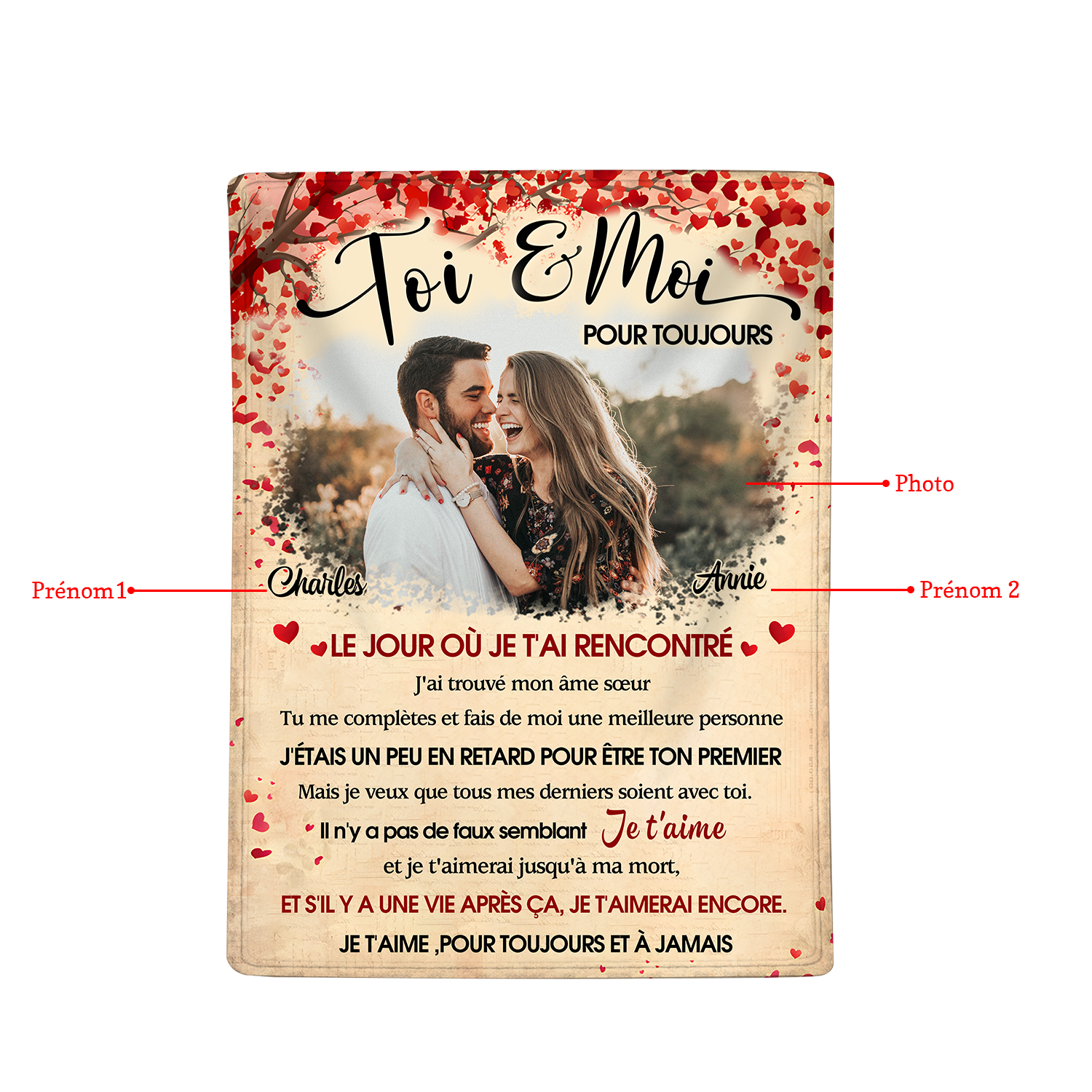 Plaid Personnalisé avec 1 Photo et 2 Prénoms Couverture Personnalisable pour Couple | Jessemade