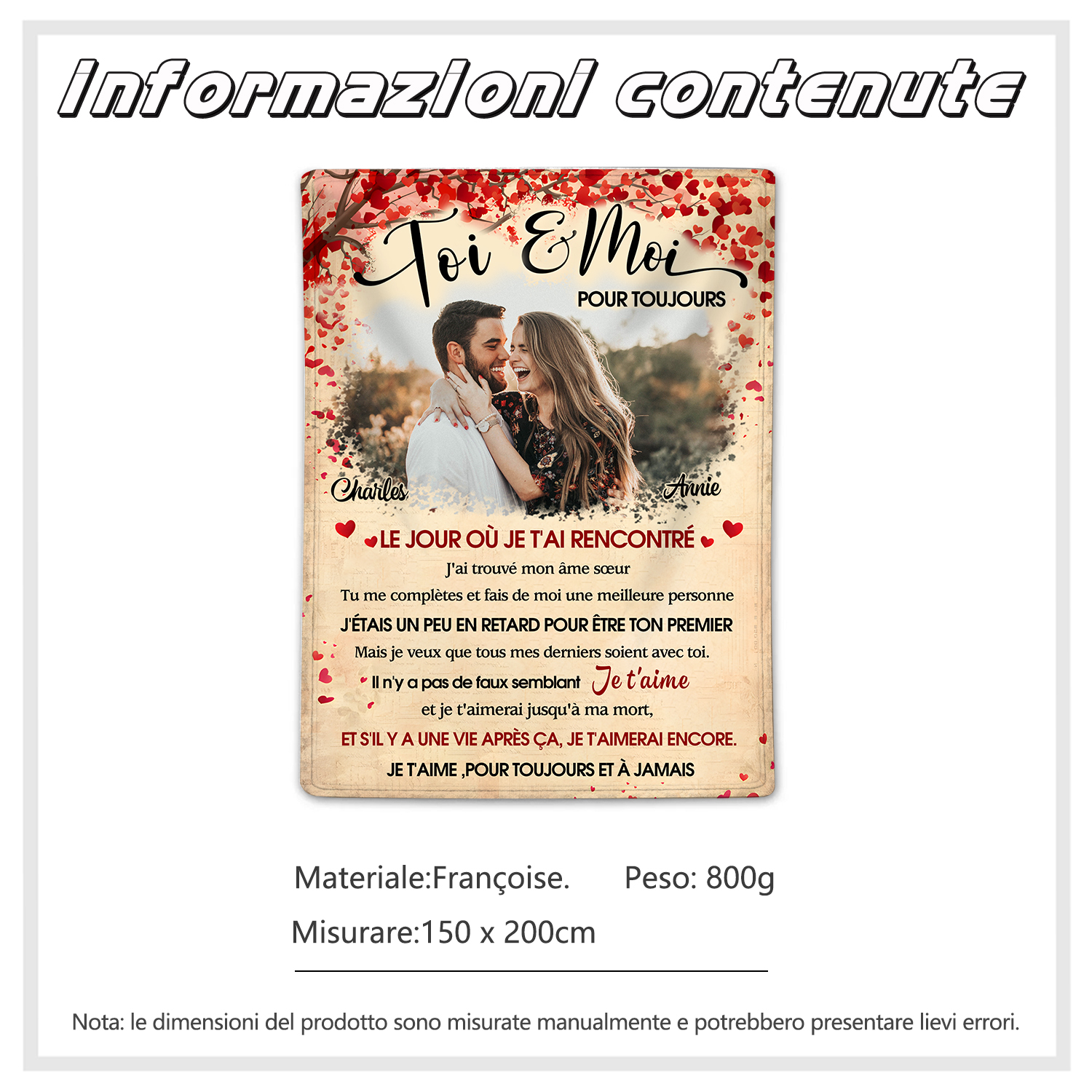 Plaid Personnalisé avec 1 Photo et 2 Prénoms Couverture Personnalisable pour Couple | Jessemade