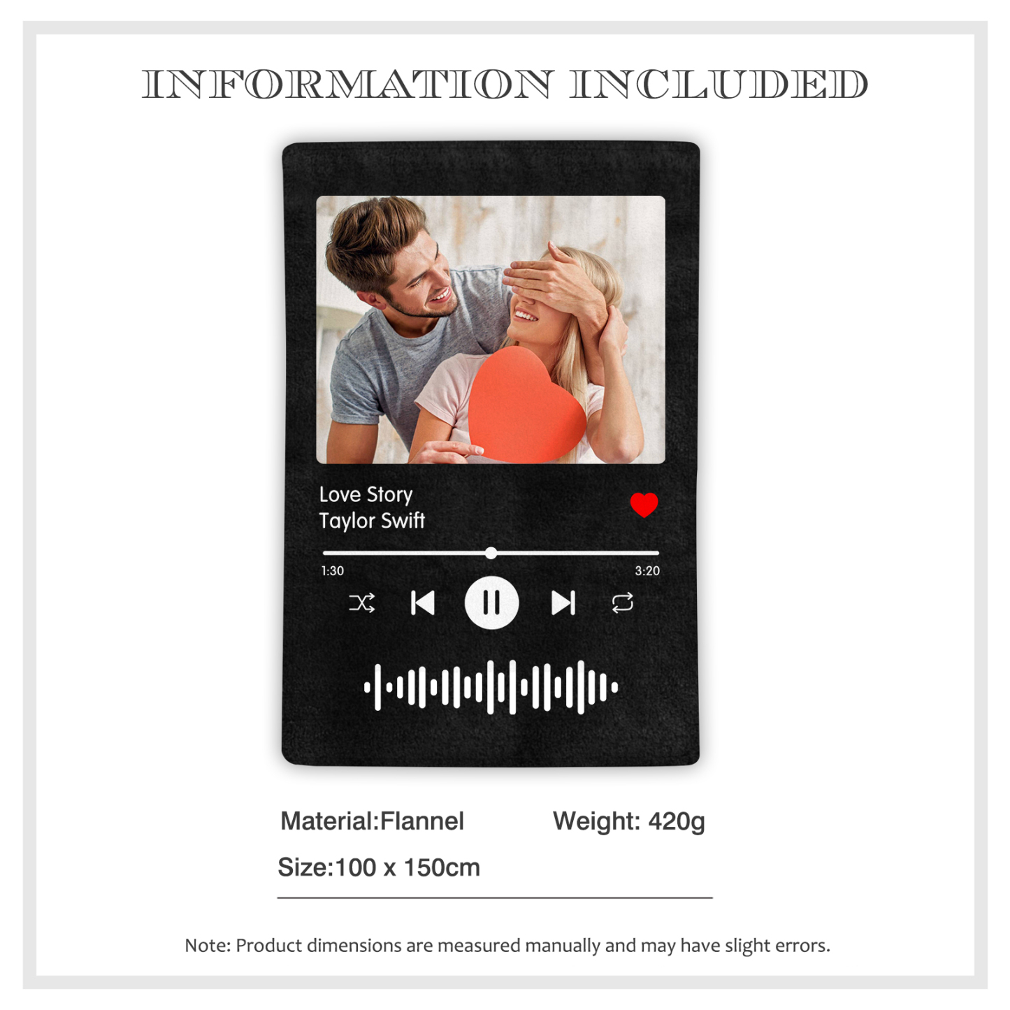 Plaid en Flanelle Personnalisé avec Photo et Code sportify Couverture Flanelle pour Couple | Jessemade