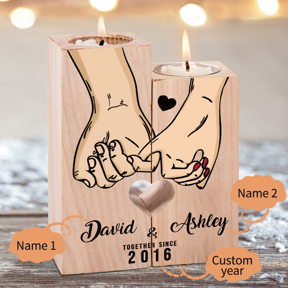3PCS Bougeoir Bois et Porte-Clés 2 Prénoms Personnalisés avec 2 lettres et dates Cadeau Romantique pour Couple | Jessemade