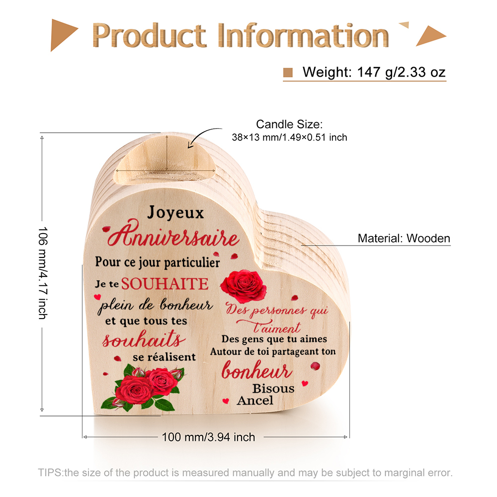 Bougeoir en Bois Rose rouge 1 Prénoms Personnalisé-Cadeau Anniversaire (sans bougie)