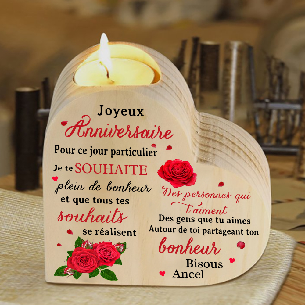 Bougeoir en Bois Rose rouge 1 Prénoms Personnalisé-Cadeau Anniversaire (sans bougie)