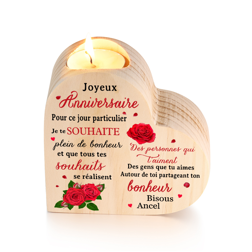 Bougeoir en Bois Rose rouge 1 Prénoms Personnalisé-Cadeau Anniversaire