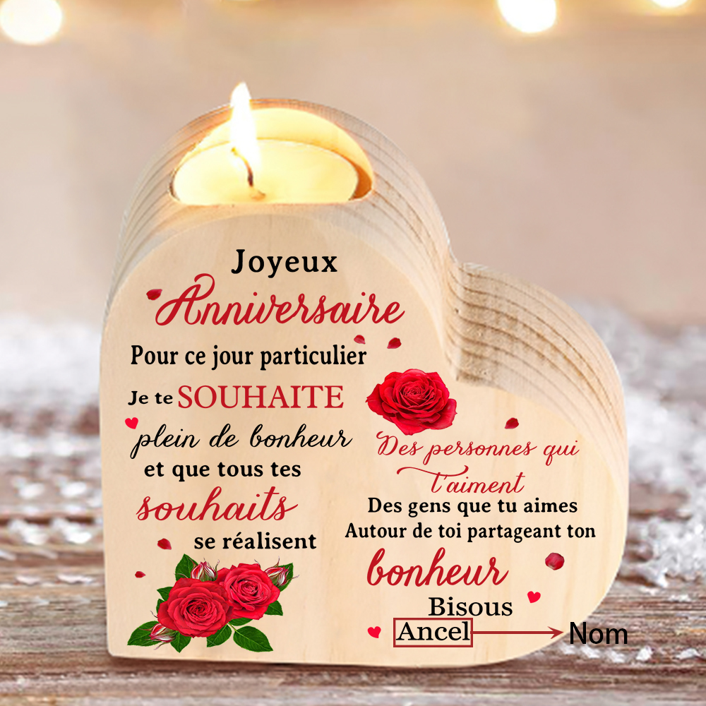 Bougeoir en Bois Rose rouge 1 Prénoms Personnalisé-Cadeau Anniversaire (sans bougie)