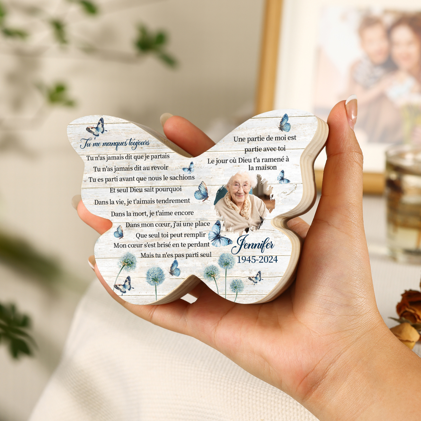 À Mamie ou Papi Bougeoir en Bois comméroratif papillon bleu 1 Photo Personnalisé Cadeau pour mamie papi sans bougie | Jessemade