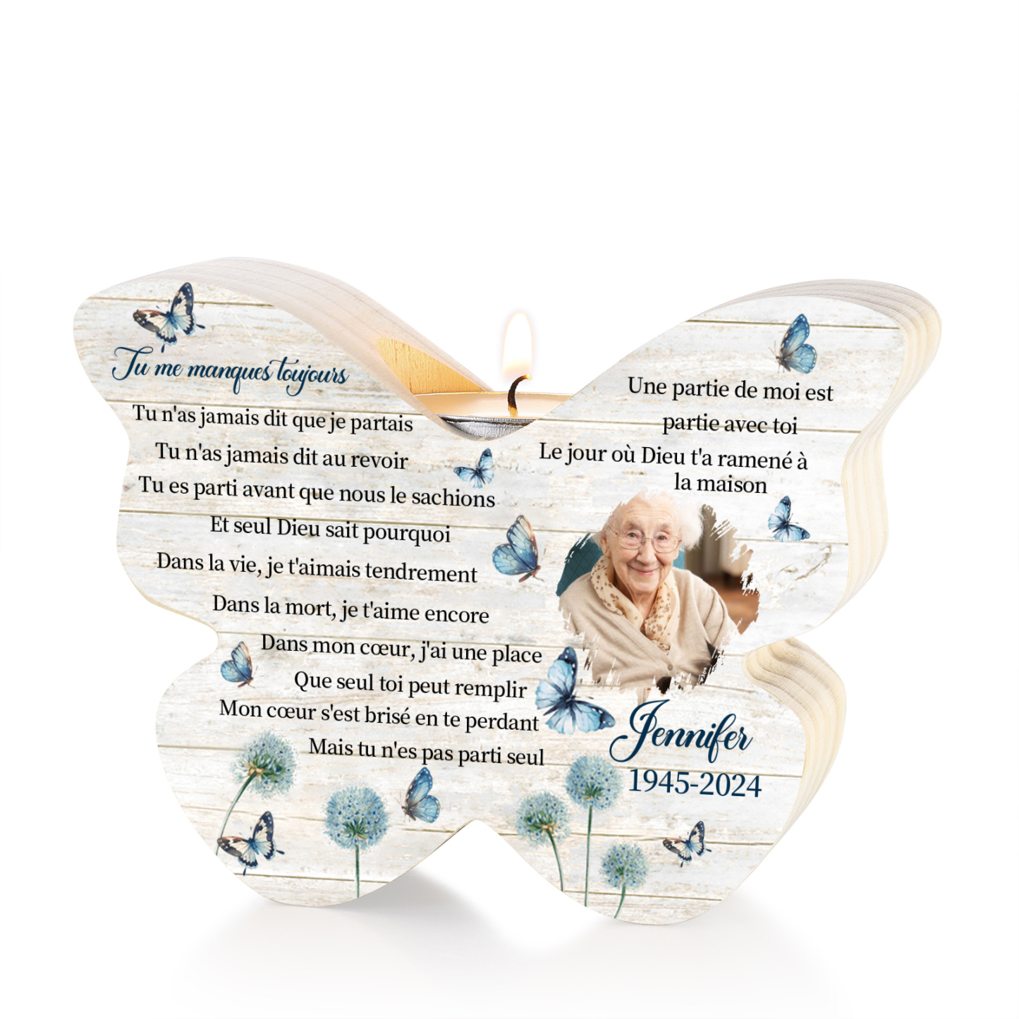 À Mamie ou Papi Bougeoir en Bois comméroratif papillon bleu 1 Photo Personnalisé Cadeau pour mamie papi sans bougie | Jessemade