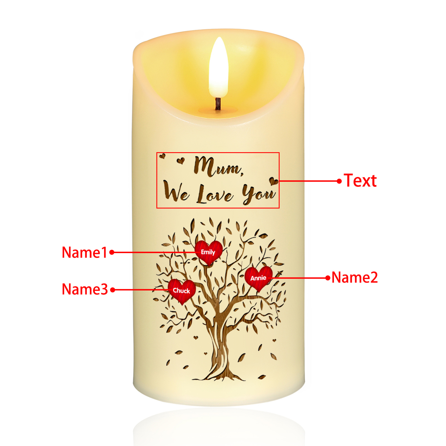 À Mamie/Maman - Bougie Électronique Personnalisée avec 3 Prénoms et Texte Arbre de Vie Bougie LED pour Mamie | Jessemade