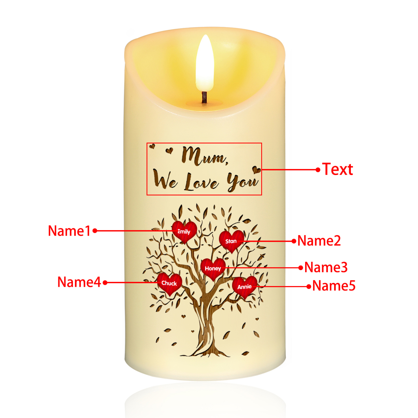 À Mamie/Maman - Bougie Électronique Personnalisée avec 5 Prénoms et Texte Arbre de Vie Bougie LED pour Mamie | Jessemade