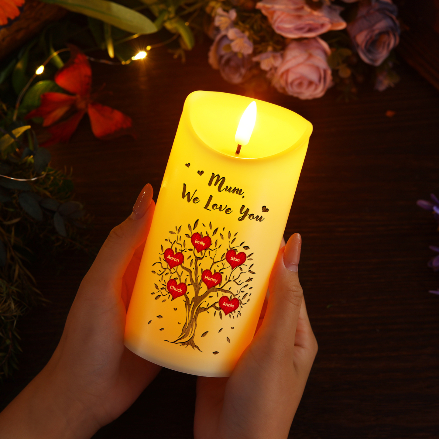 À Mamie/Maman - Bougie Électronique Personnalisée avec 6 Prénoms et Texte Arbre de Vie Bougie LED pour Mamie | Jessemade