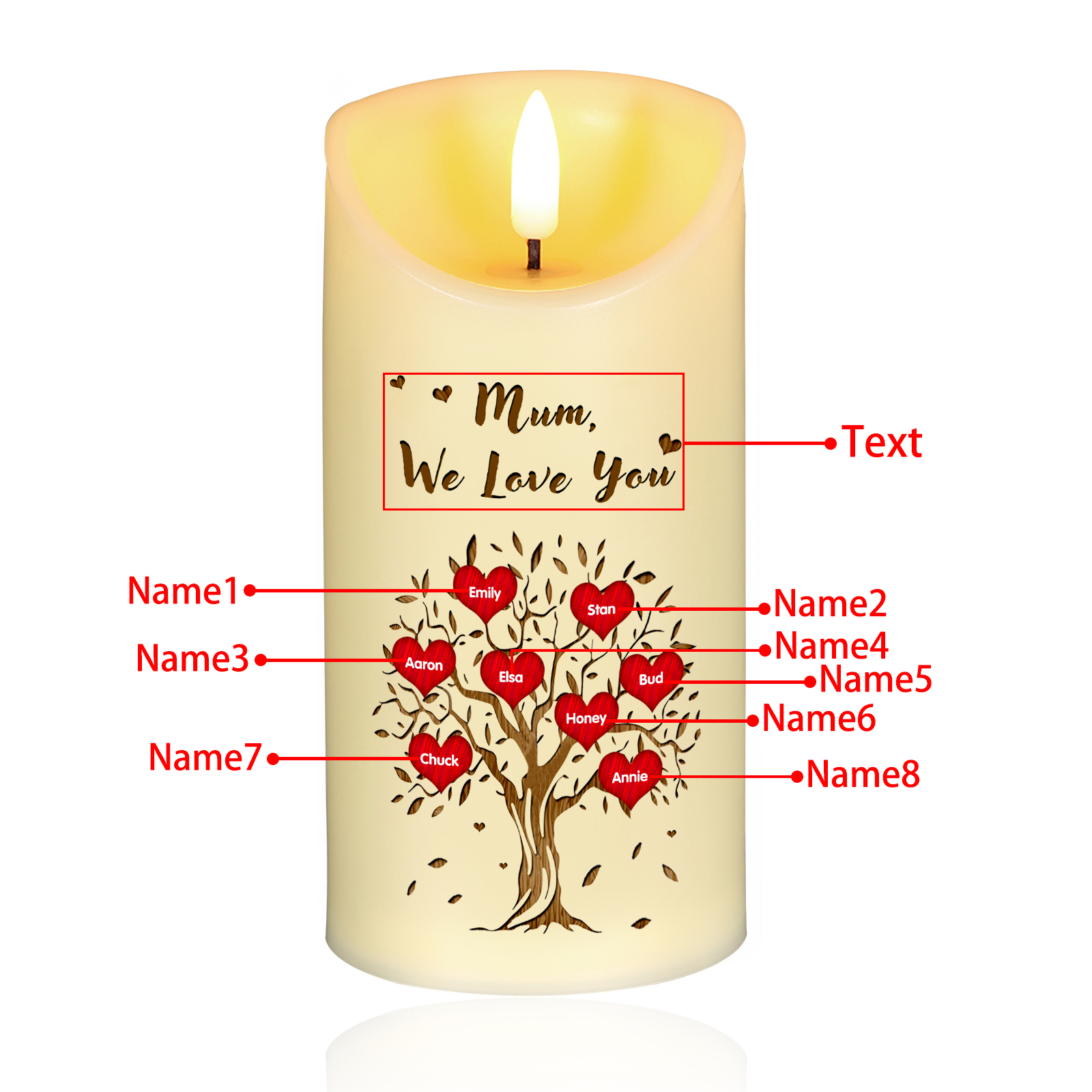 À Mamie/Maman - Bougie Électronique Personnalisée avec 8 Prénoms et Texte Arbre de Vie Bougie LED pour Mamie | Jessemade