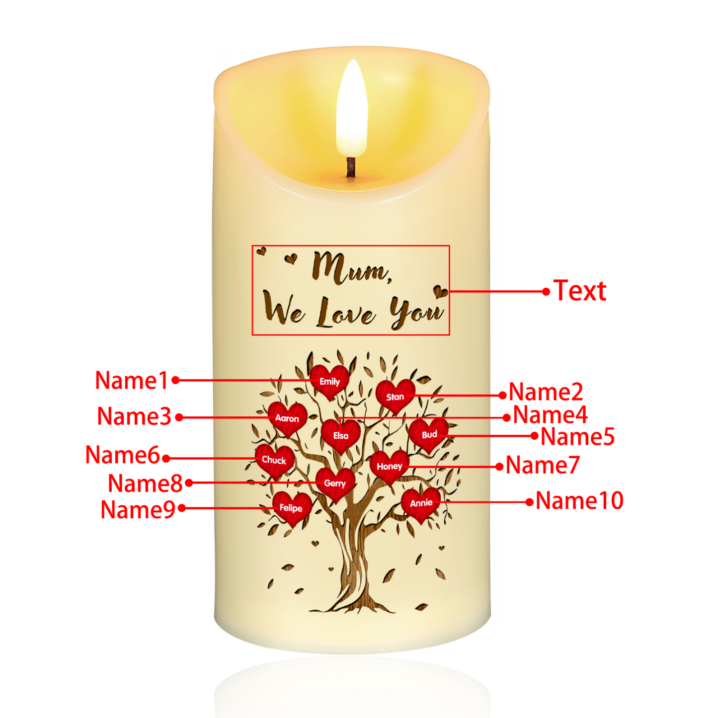 À Mamie/Maman - Bougie Électronique Personnalisée avec 10 Prénoms et Texte Arbre de Vie Bougie LED pour Mamie | Jessemade
