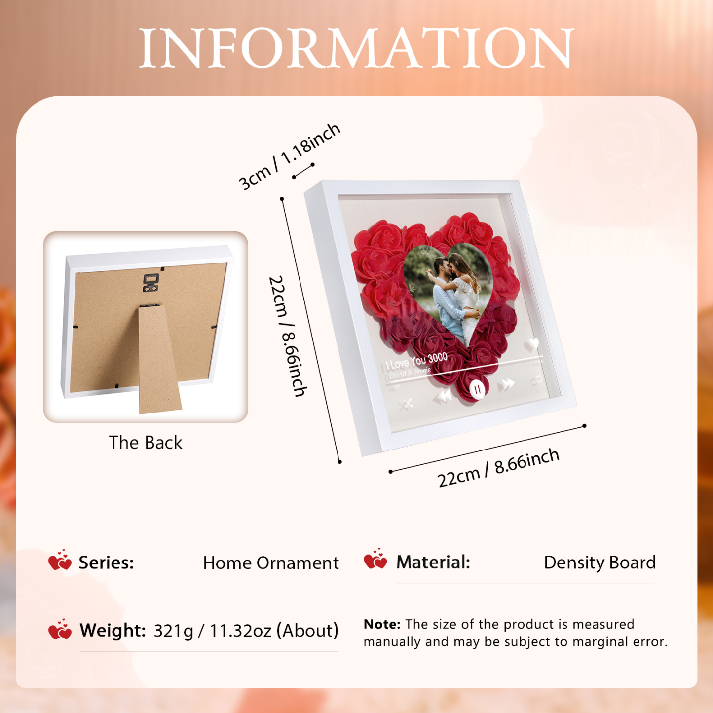 Cadre photo personnalisé en forme de cœur Cadre personnalisable avec roses et photo pour Couple | Jessemade