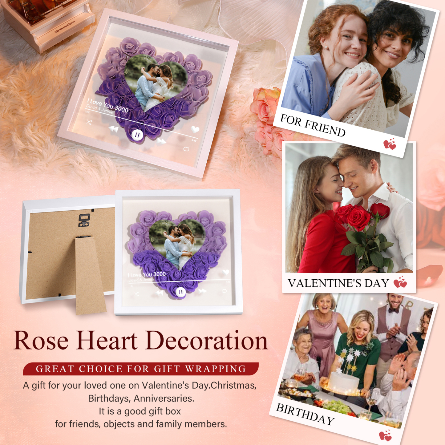 Cadre photo personnalisé en forme de cœur Cadre personnalisable avec roses et photo pour Couple | Jessemade
