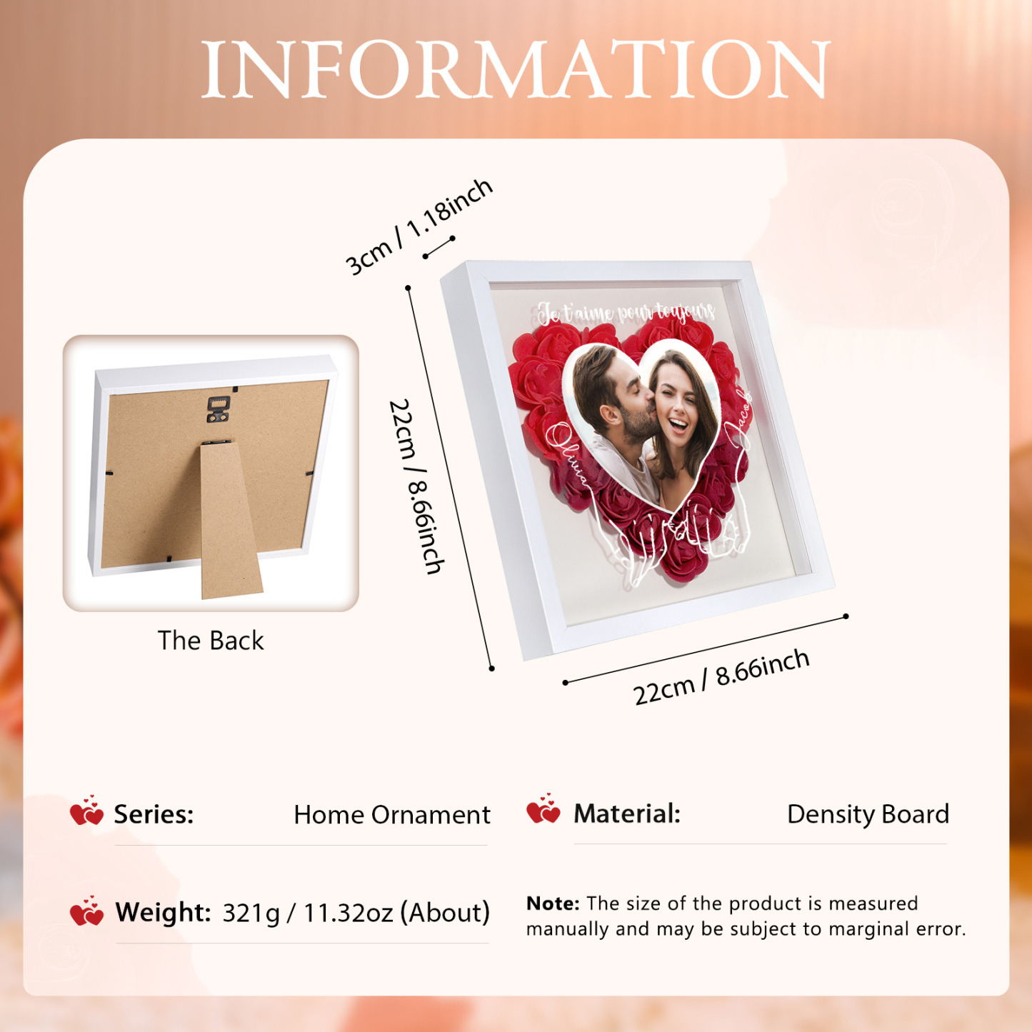 Cadre photo Rose cœur Personnalisée photo Cadeau pour couple le saint-valentin | Jessemade