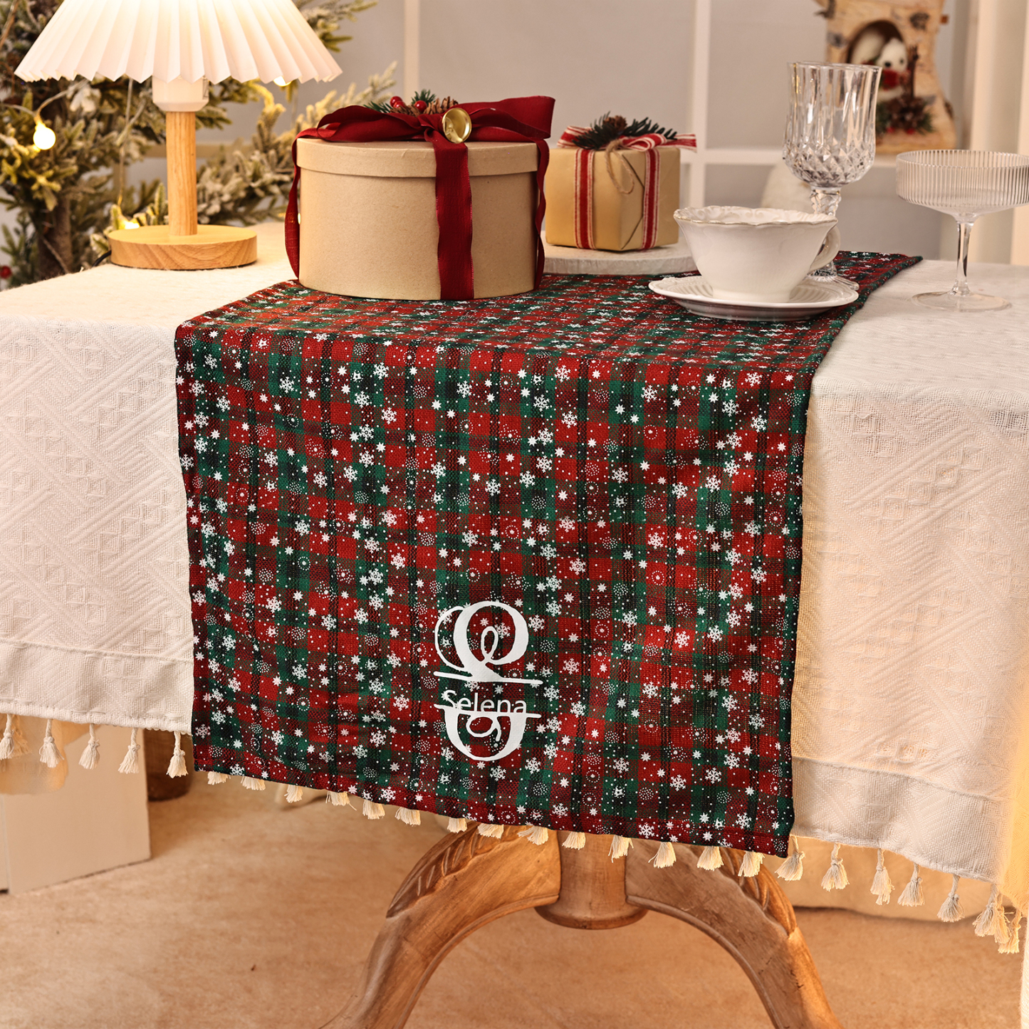 Chemin de Table de Noël Personnalisé rouge et vert Décoration de Table