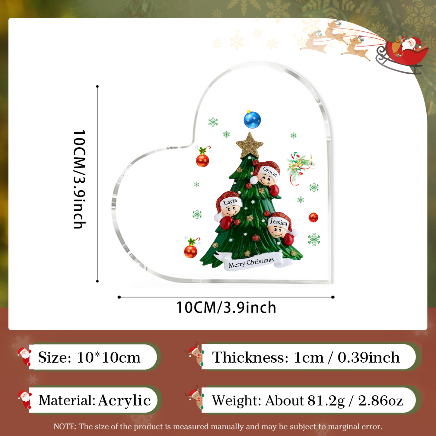 Plaque Acrylique Noël en Forme de Cœur sapin de Noël 3 Prénoms Personnalisés Cadeau pour famille | Jessemade