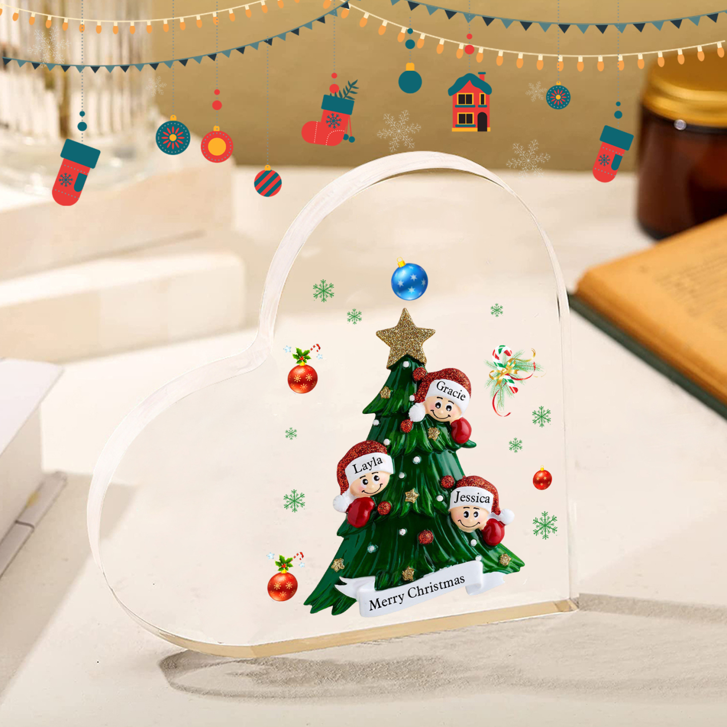 Plaque Acrylique Noël en Forme de Cœur sapin de Noël 3 Prénoms Personnalisés Cadeau pour famille | Jessemade
