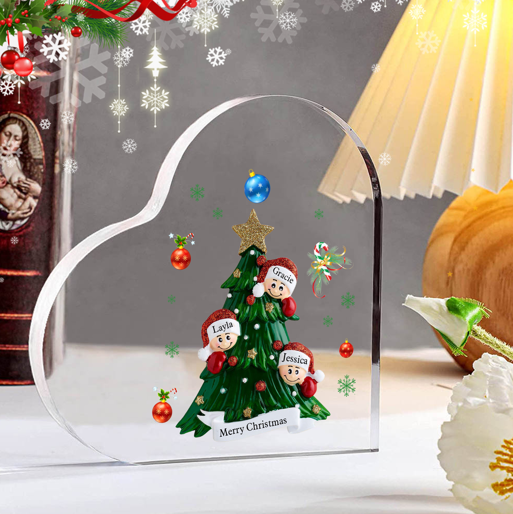 Plaque Acrylique Noël en Forme de Cœur sapin de Noël 3 Prénoms Personn