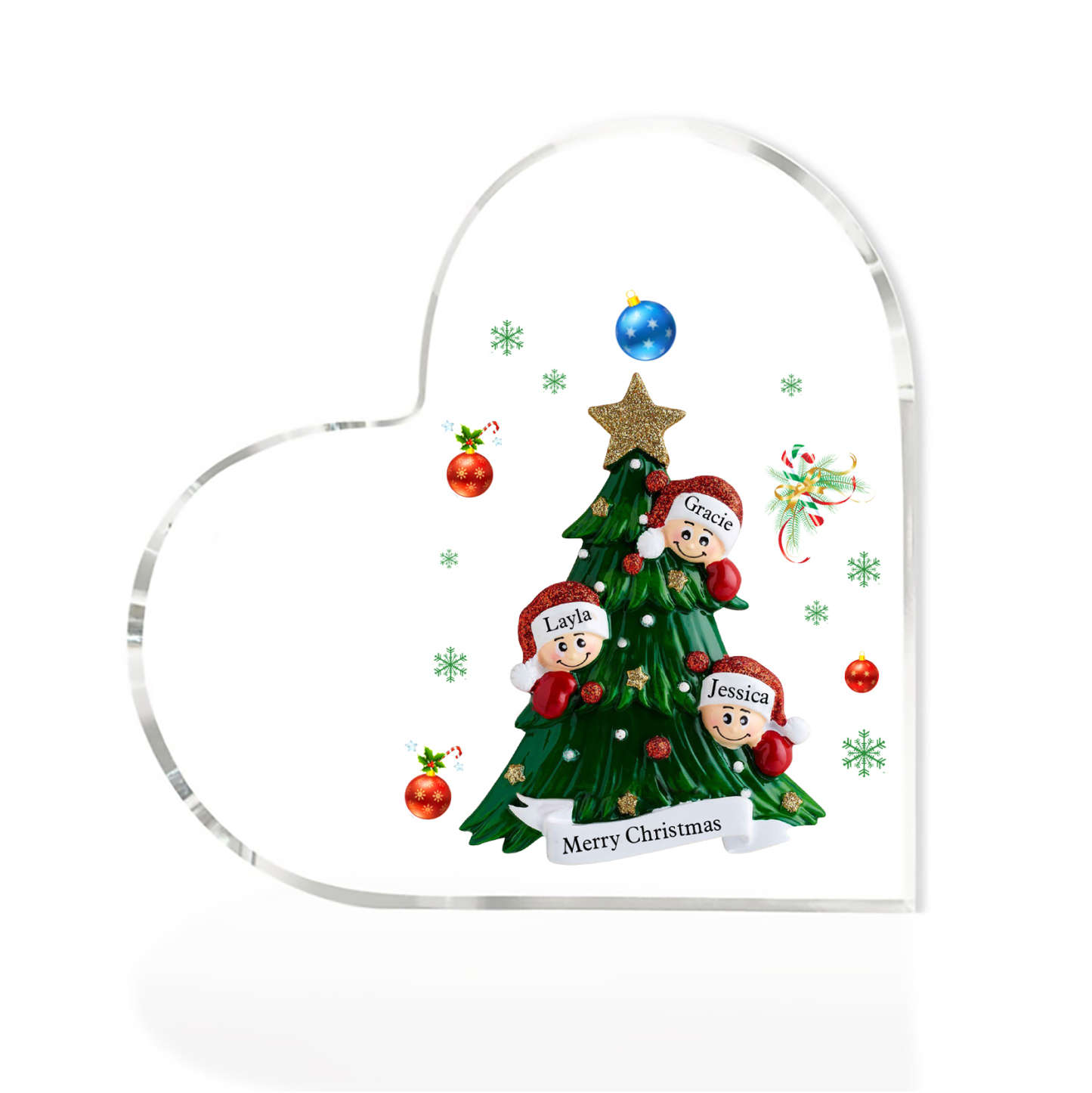 Plaque Acrylique Noël en Forme de Cœur sapin de Noël 3 Prénoms Personnalisés Cadeau pour famille | Jessemade