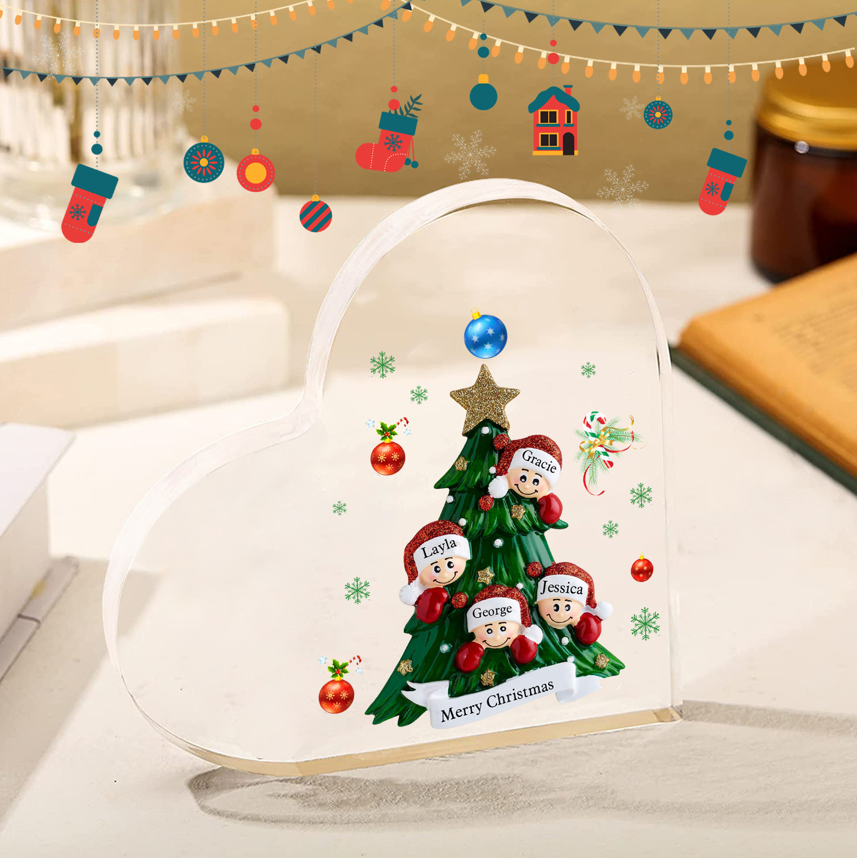 Plaque Acrylique Noël en Forme de Cœur sapin de Noël 4 Prénoms Personnalisés Cadeau pour famille | Jessemade