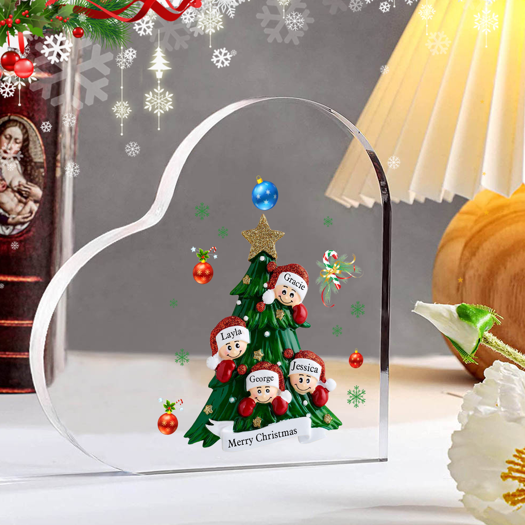 Plaque Acrylique Noël en Forme de Cœur sapin de Noël 4 Prénoms Personn