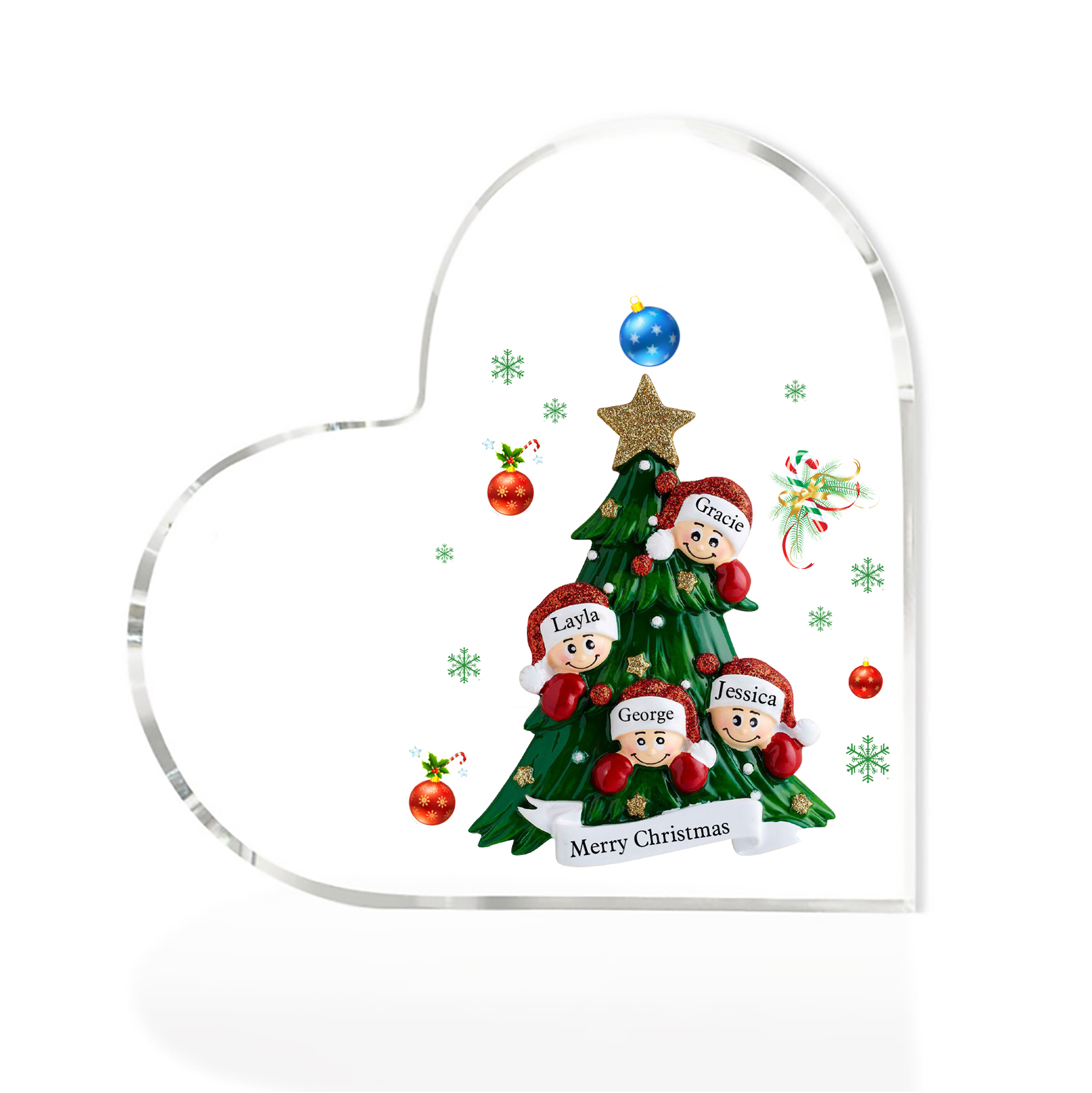 Plaque Acrylique Noël en Forme de Cœur sapin de Noël 4 Prénoms Personnalisés Cadeau pour famille | Jessemade