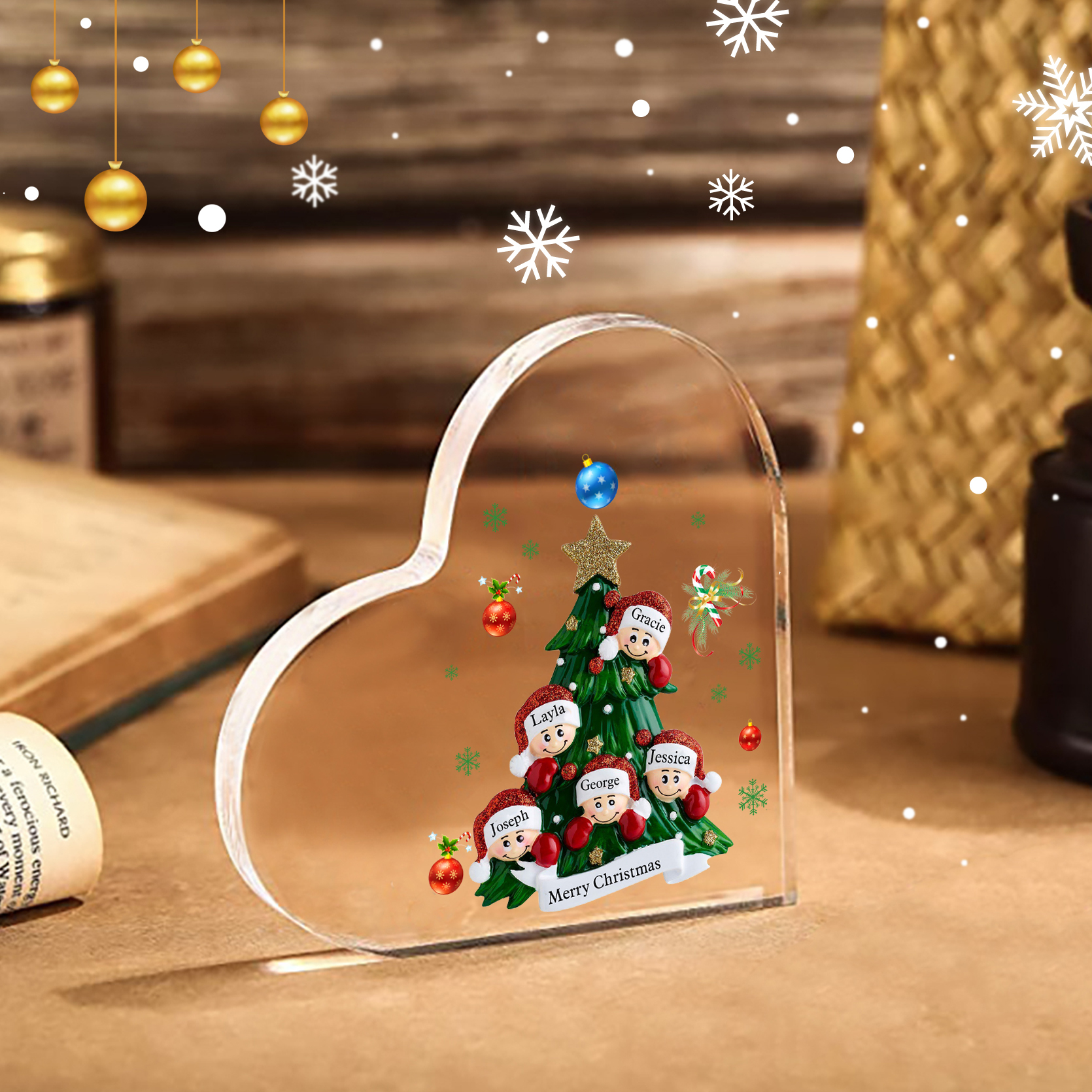 Plaque Acrylique Noël en Forme de Cœur sapin de Noël 5 Prénoms Personnalisés Cadeau pour famille | Jessemade