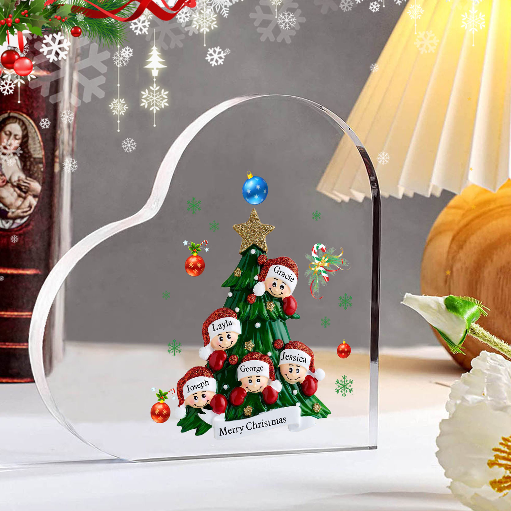 Plaque Acrylique Noël en Forme de Cœur sapin de Noël 5 Prénoms Personnalisés Cadeau pour famille | Jessemade