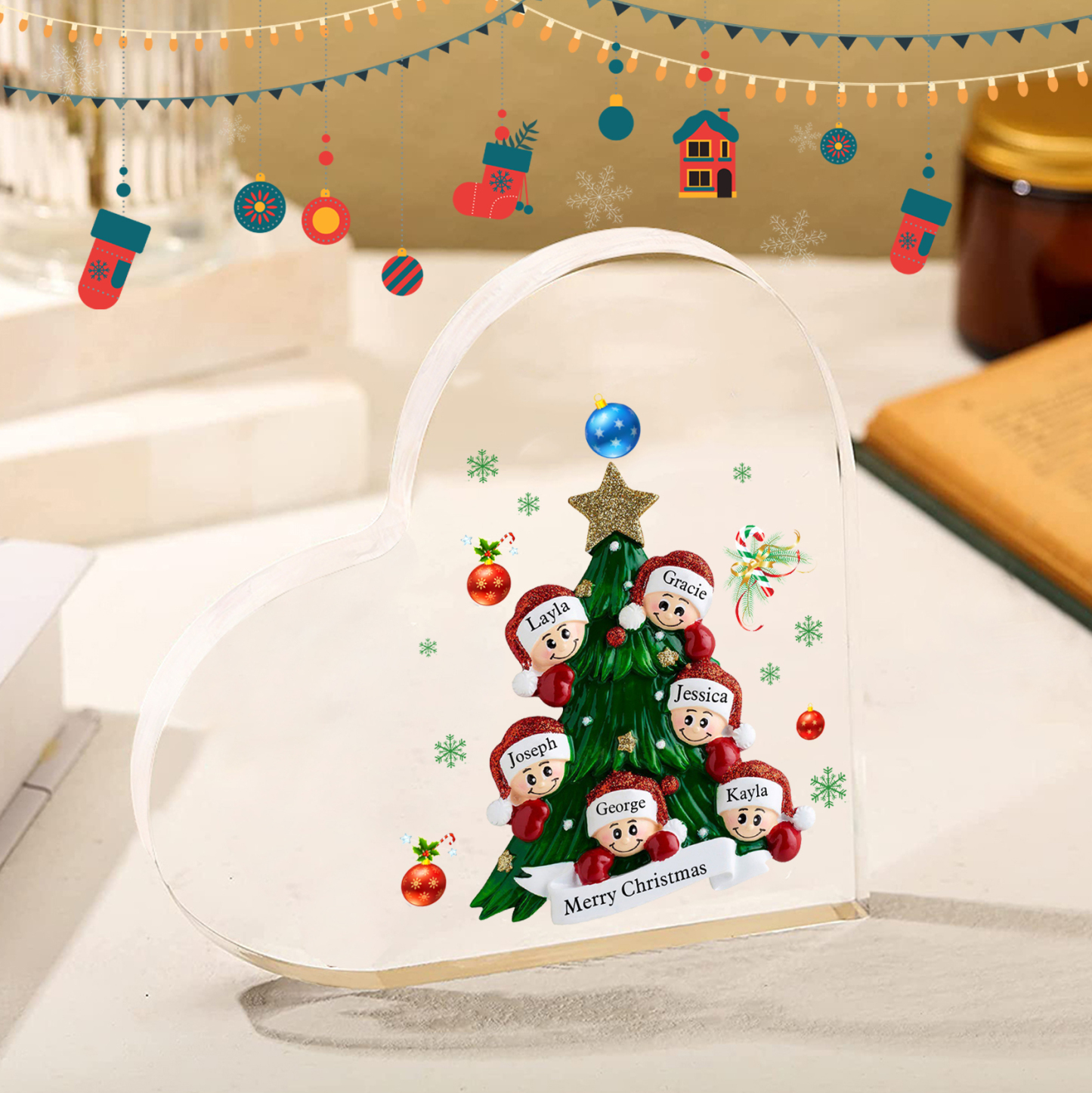 Plaque Acrylique Noël en Forme de Cœur sapin de Noël 6 Prénoms Personnalisés Cadeau pour famille | Jessemade