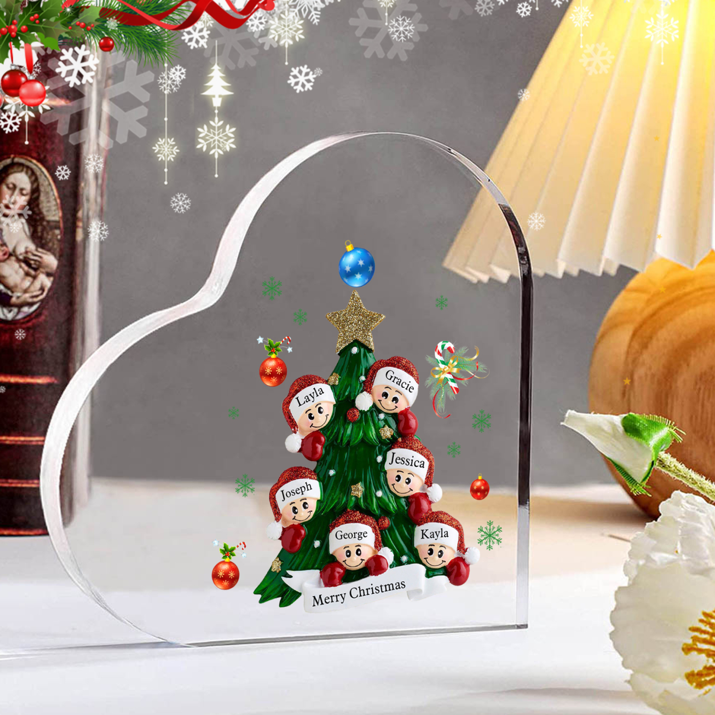 Plaque Acrylique Noël en Forme de Cœur sapin de Noël 6 Prénoms Personn