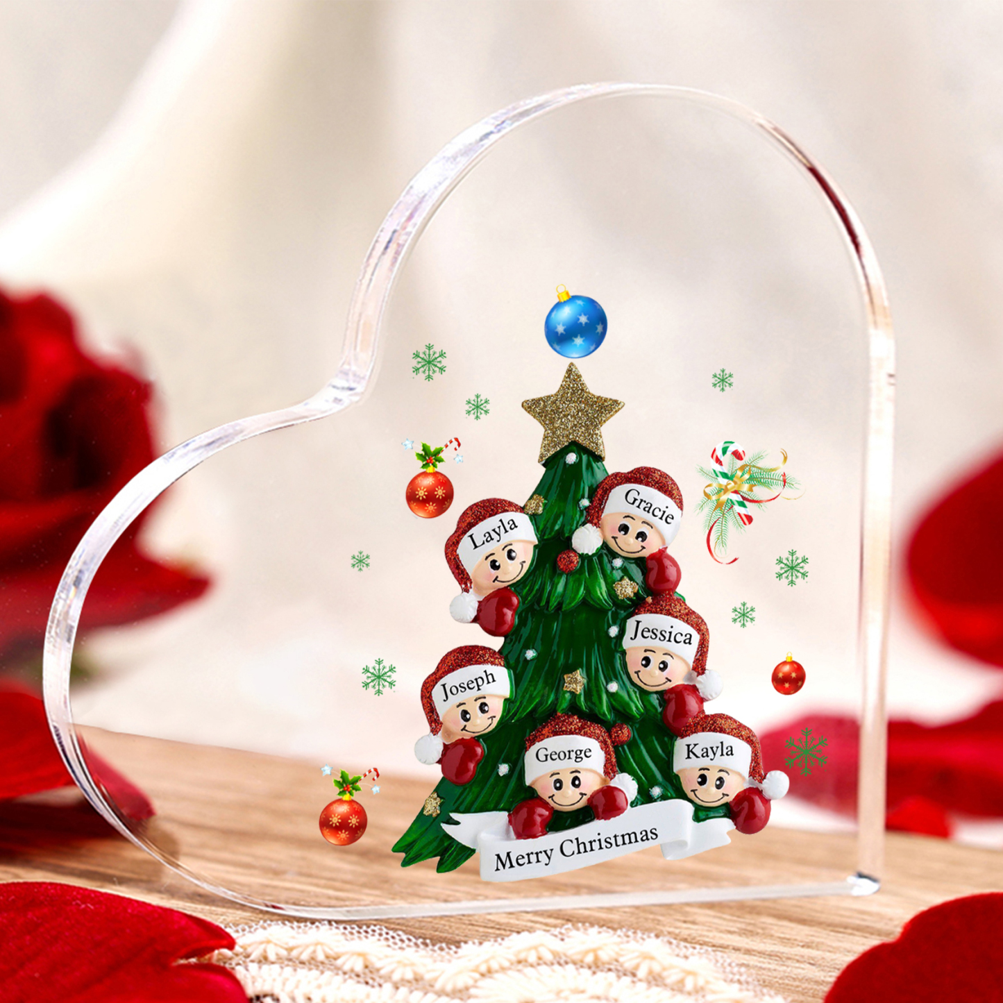 Plaque Acrylique Noël en Forme de Cœur sapin de Noël 6 Prénoms Personnalisés Cadeau pour famille | Jessemade