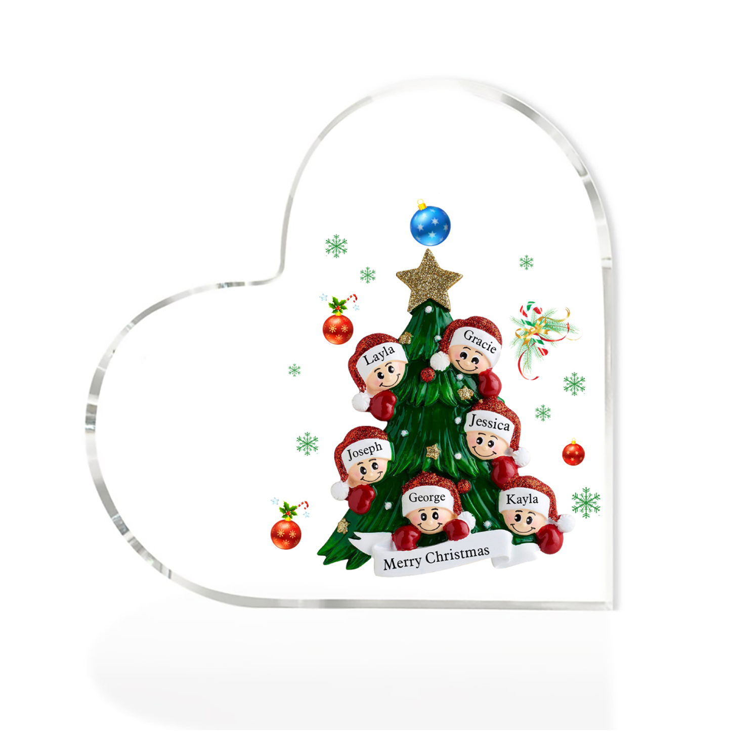Plaque Acrylique Noël en Forme de Cœur sapin de Noël 6 Prénoms Personnalisés Cadeau pour famille | Jessemade