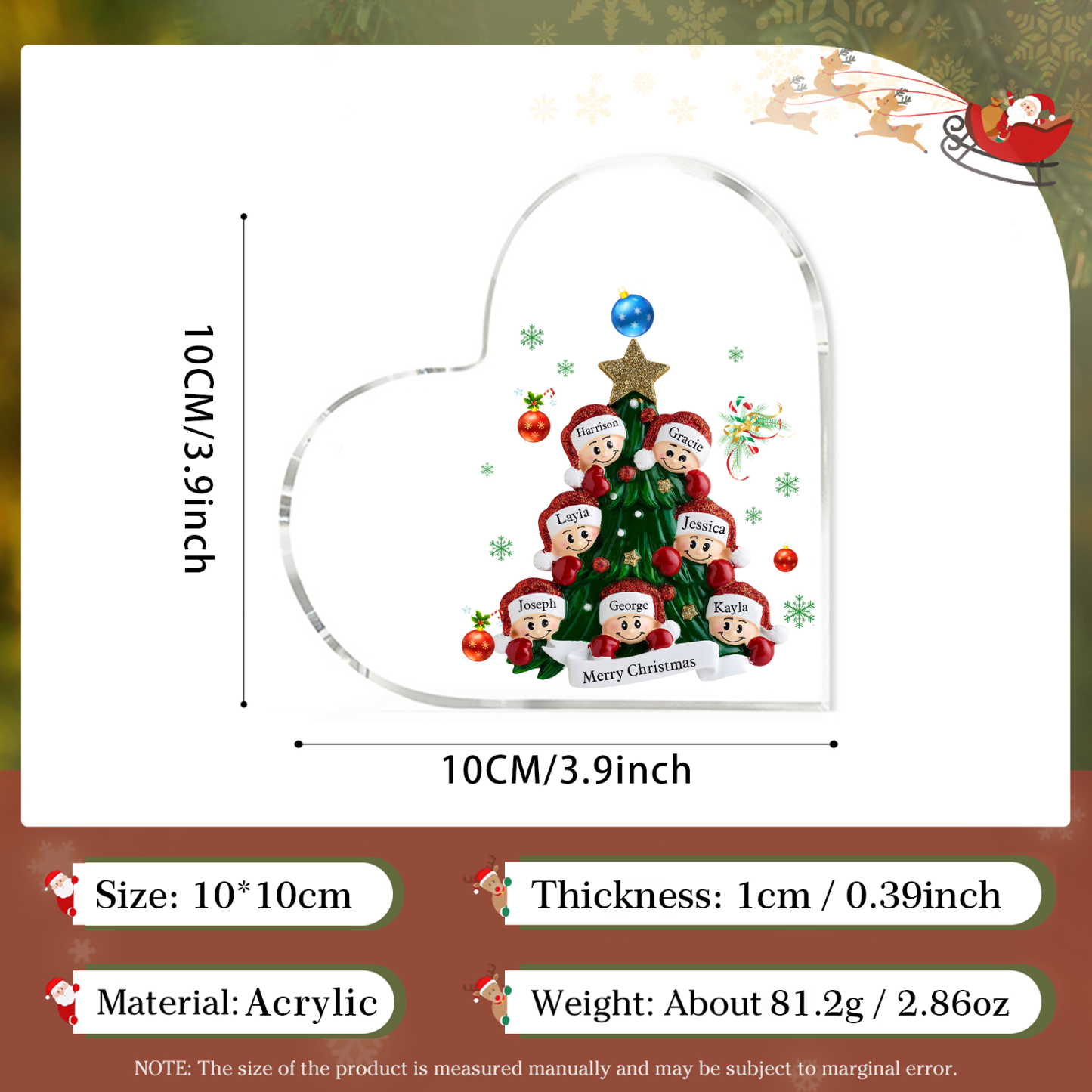 Plaque Acrylique Noël en Forme de Cœur sapin de Noël 7 Prénoms Personnalisés Cadeau pour famille | Jessemade