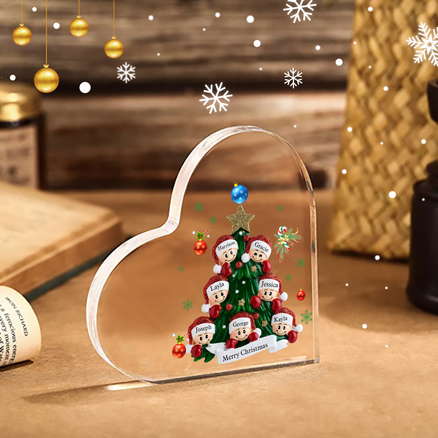 Plaque Acrylique Noël en Forme de Cœur sapin de Noël 7 Prénoms Personnalisés Cadeau pour famille | Jessemade