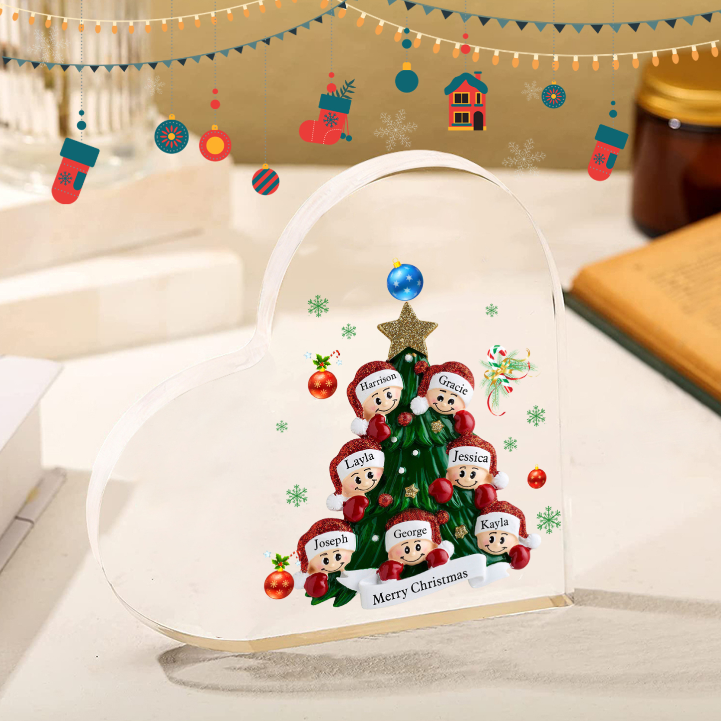 Plaque Acrylique Noël en Forme de Cœur sapin de Noël 7 Prénoms Personnalisés Cadeau pour famille | Jessemade